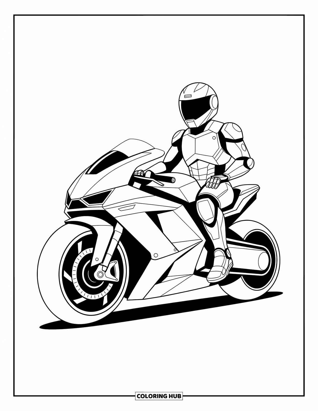 Kolorowanka z robotem dla dzieci: Futurystyczny robot jeździ na hoverbike'u z eleganckimi krzywiznami i szczegółowymi wzorami