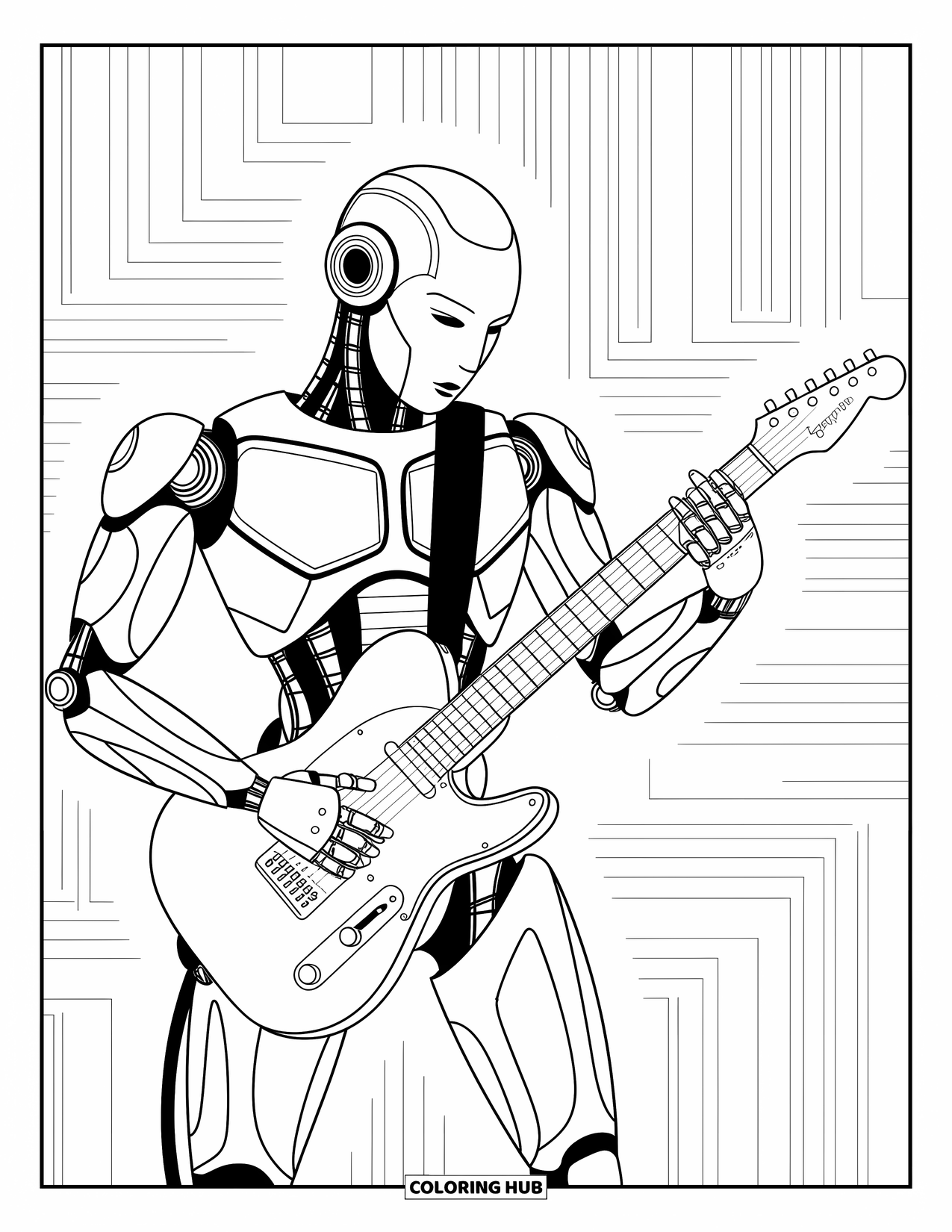 Kolorowanka z robotem dla dzieci: Futurystyczny robot brzdąka na gitarze elektrycznej otoczony subtelnymi nowoczesnymi wzorami
