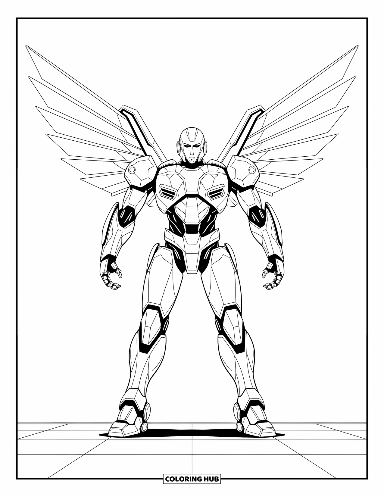 Kolorowanka z robotem dla dzieci: Futurystyczny robot ze skrzydłami plecaka odrzutowego stoi pewnie, gotowy do startu