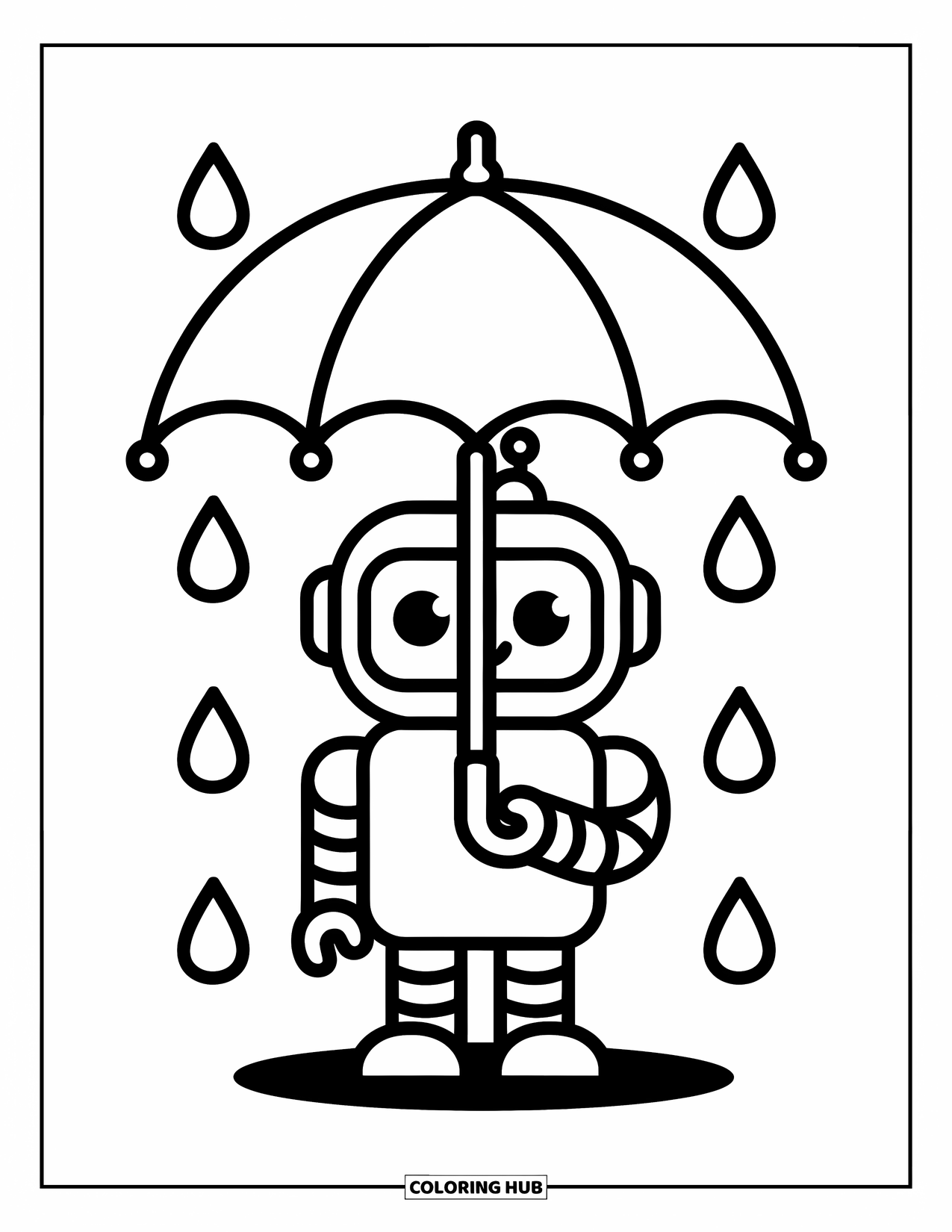 Kolorowanka z robotem dla dzieci: Szczęśliwy mały robot stoi pod parasolem z kroplami deszczu dookoła