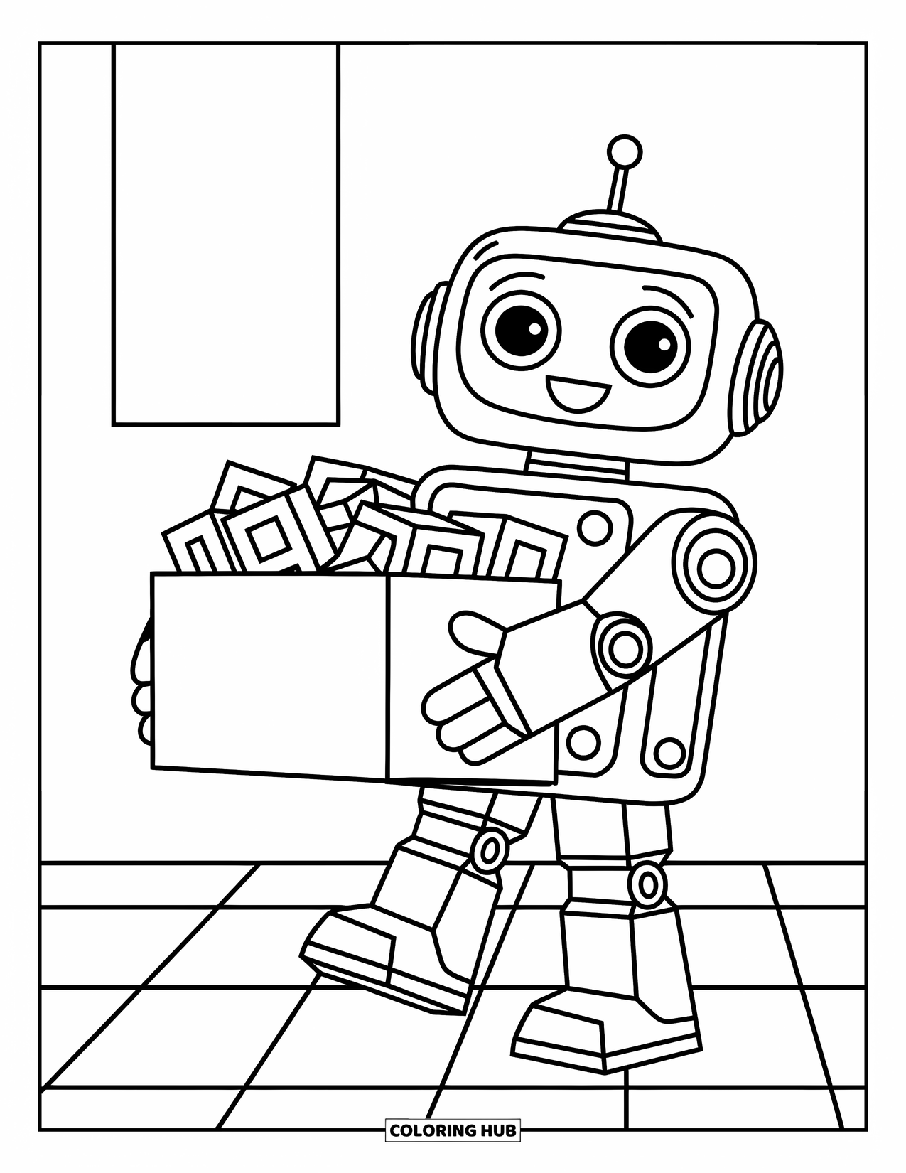 Kolorowanka z robotem dla dzieci: Szczęśliwy robot niesie pudełko z zabawkami wypełnione klockami