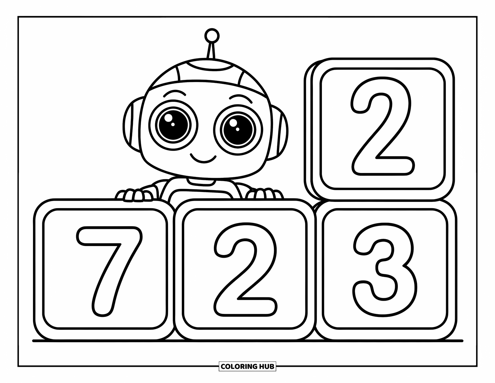 Kolorowanka z robotem dla dzieci: Szczęśliwy robot chowa się za dużymi klockami z numerami