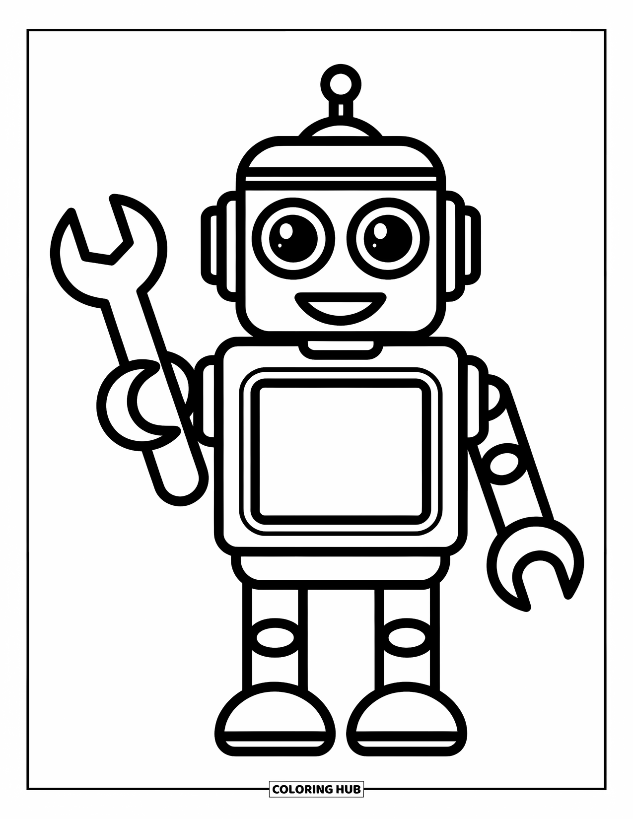 Kolorowanka z robotem dla dzieci: Szczęśliwy robot trzymający zabawkę-klucz stoi z dużym uśmiechem