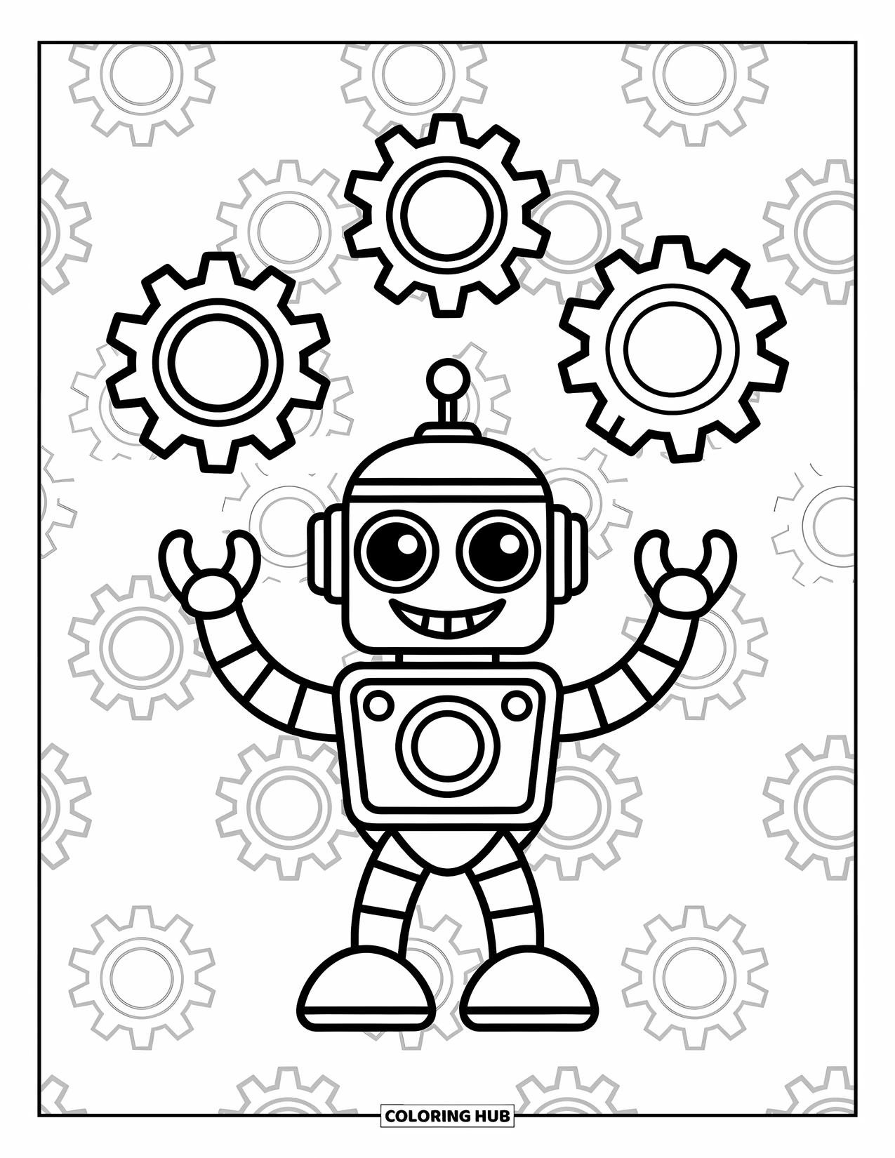 Kolorowanka z robotem dla dzieci: Szczęśliwy robot żongluje zębatkami z dużymi oczami i radosnym uśmiechem