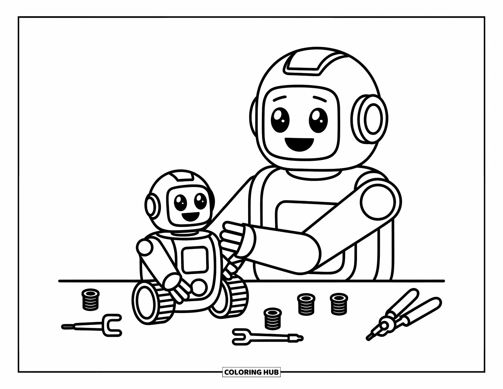 Kolorowanka z robotem dla dzieci: Szczęśliwy robot używa szczypiec i śrub do budowy mniejszego robota na podłodze