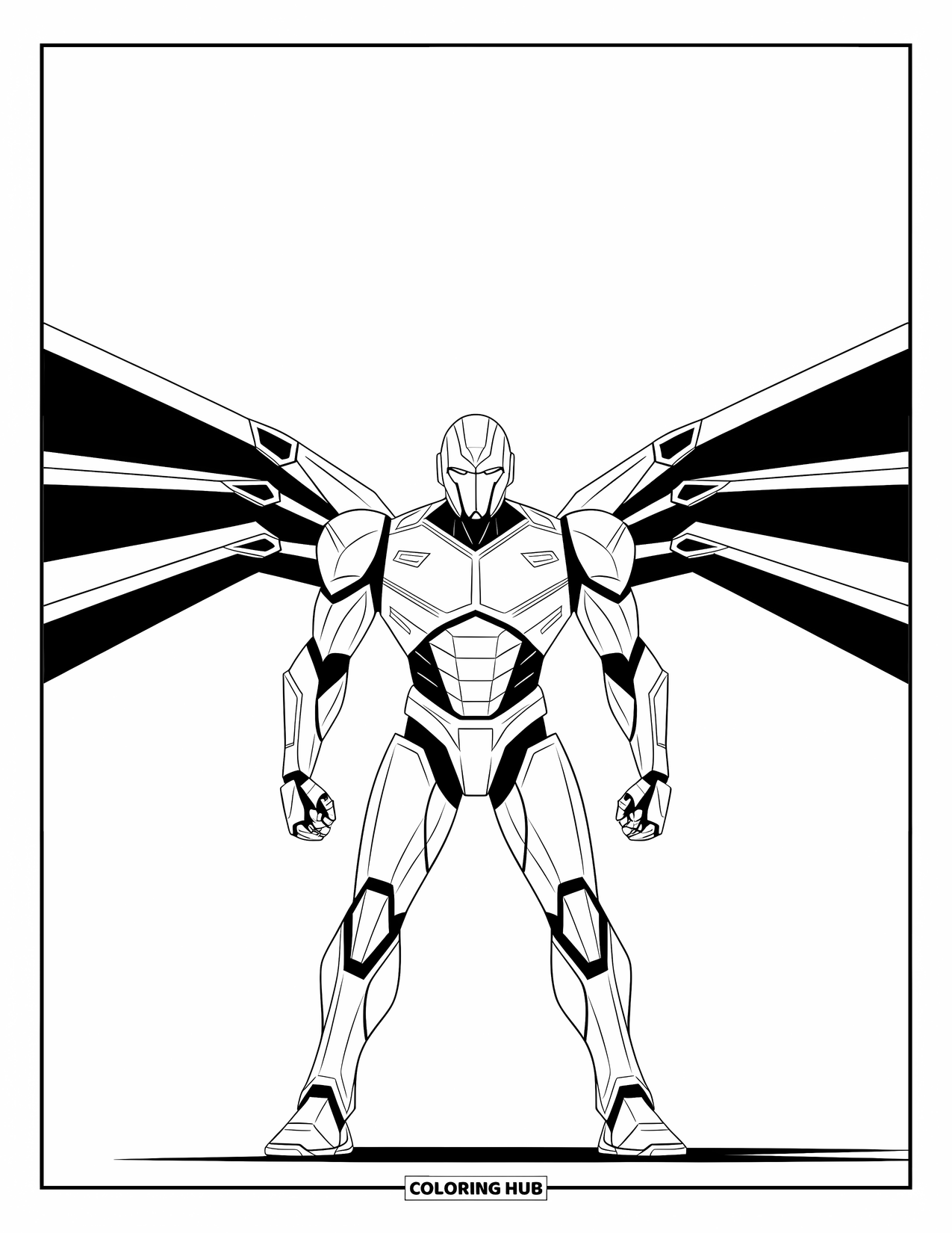 Kolorowanka z robotem dla dzieci: Humanoidalny robot z szerokimi skrzydłami plecaka odrzutowego stoi gotowy do startu