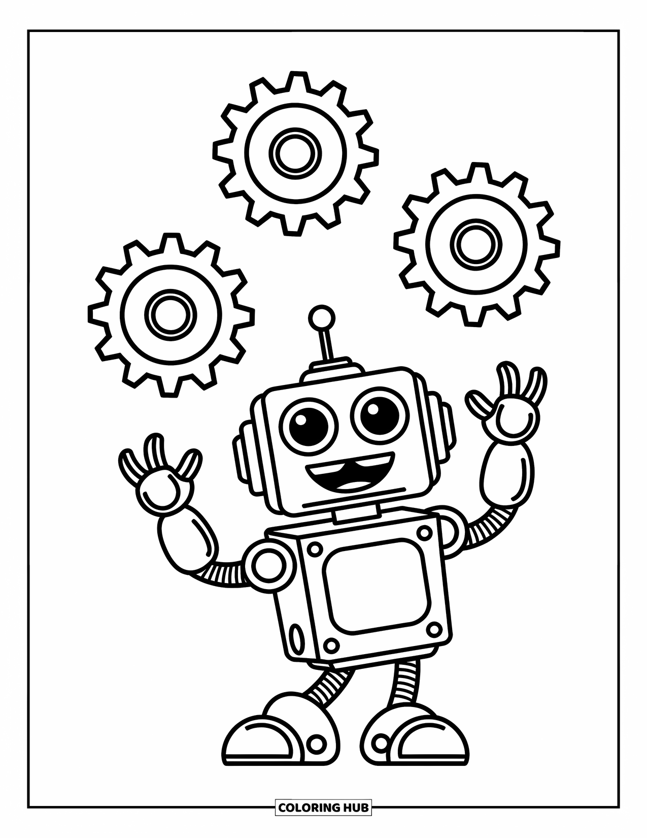 Kolorowanka z robotem dla dzieci: Radosny robot żongluje wirującymi zębatkami ze skomplikowanymi wzorami kół zębatych