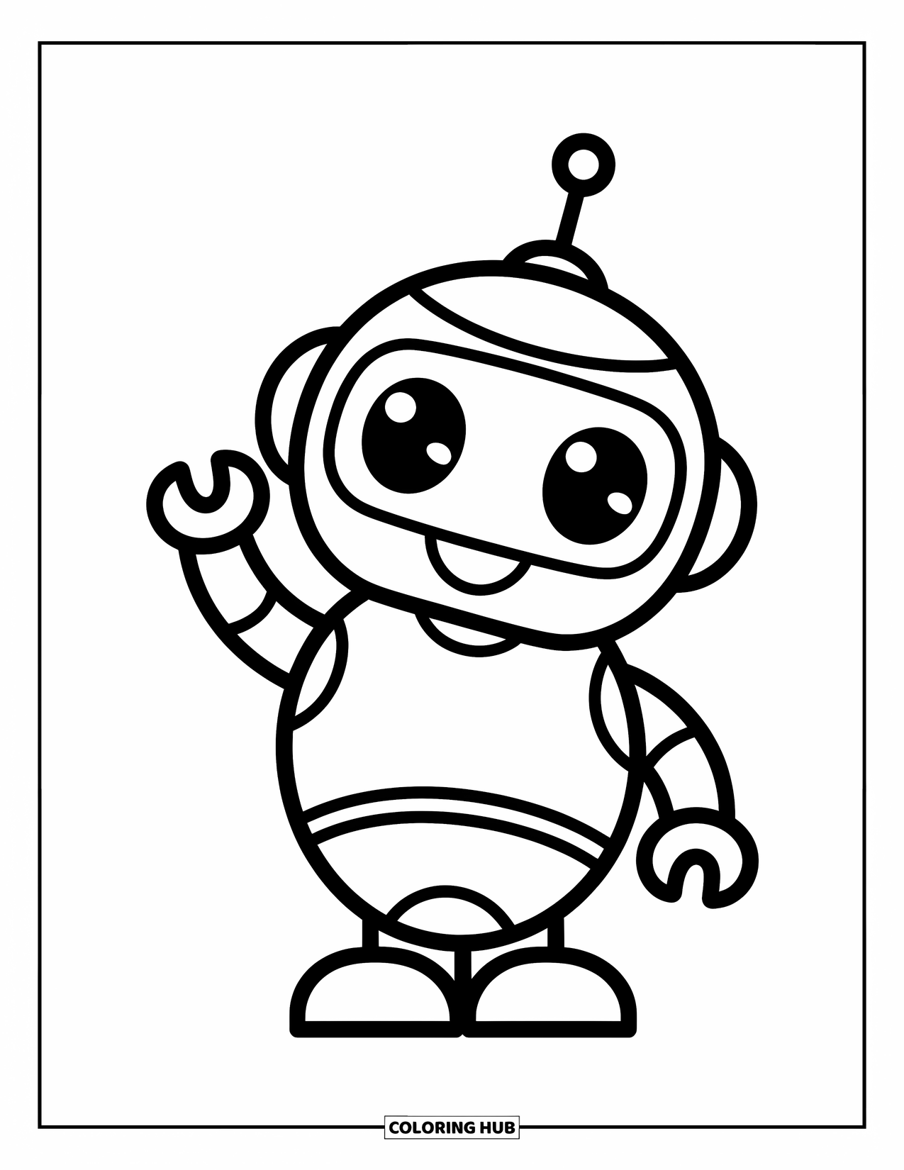 Kolorowanka z robotem dla dzieci: Mały kwadratowy robot z okrągłymi oczami wygląda przyjaźnie i ciekawie