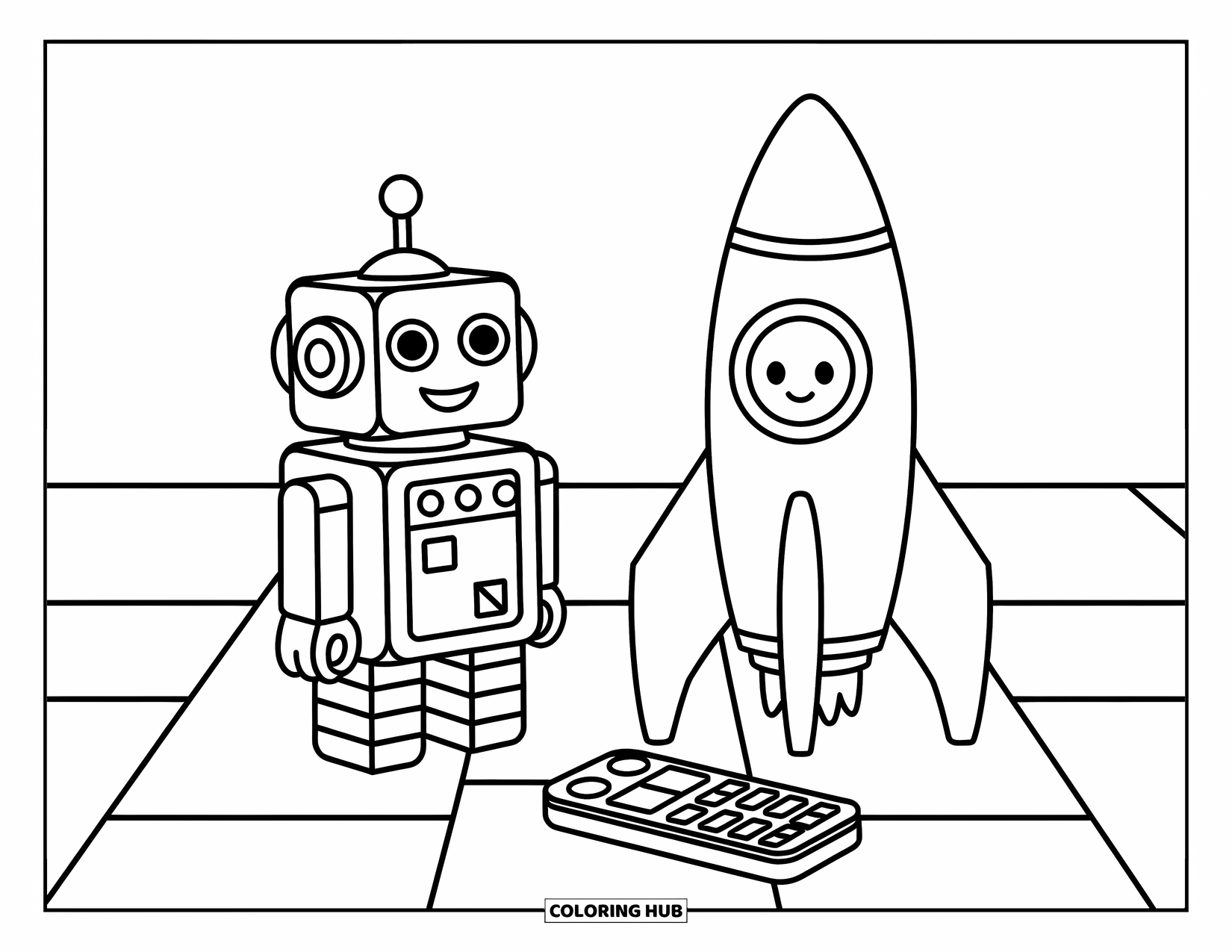 Kolorowanka z robotem dla dzieci: Figlarny robot-kostka uśmiecha się obok zabawki-rakiety
