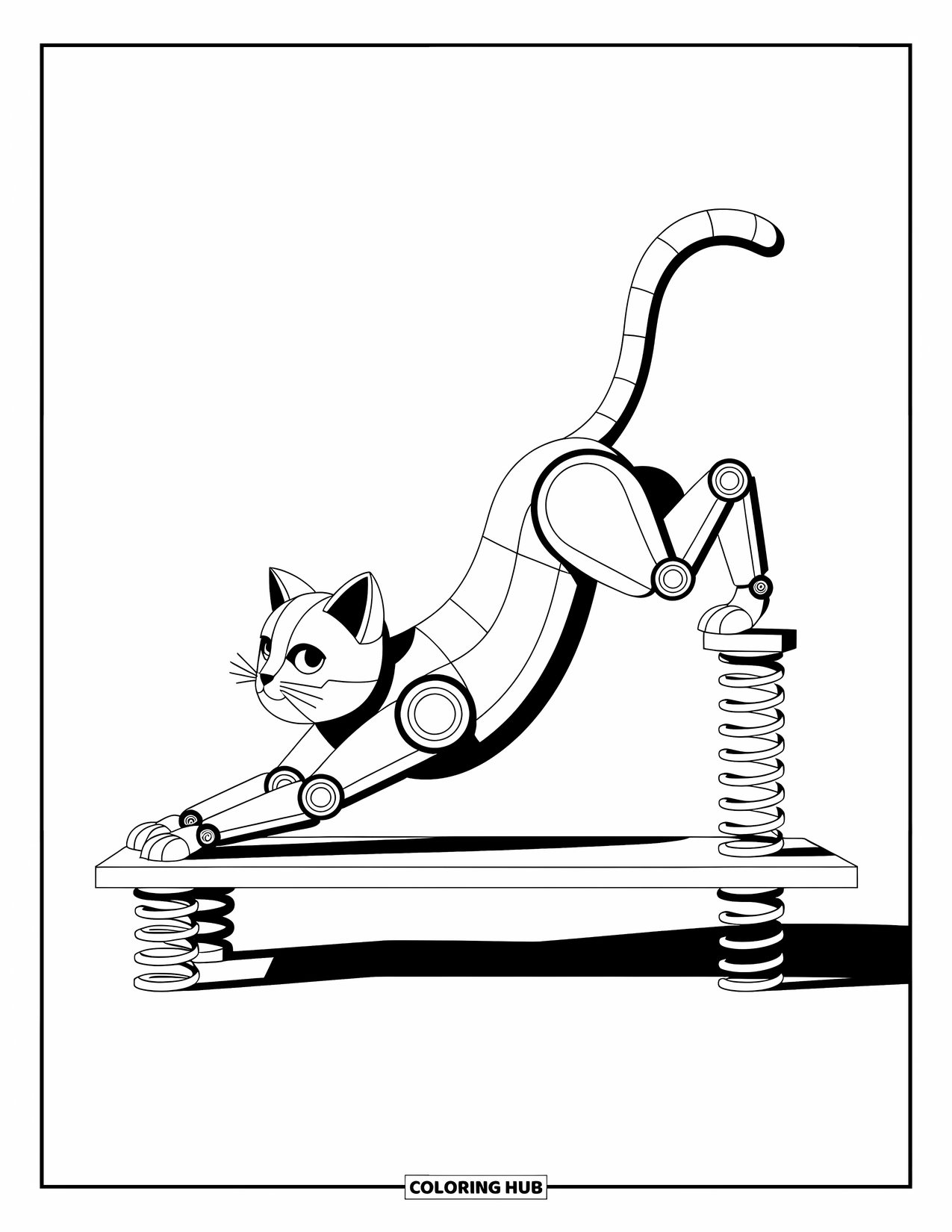 Kolorowanka z robotem dla dzieci: Figlarny robot-kot przeciąga się z małymi sprężynami na platformie poniżej