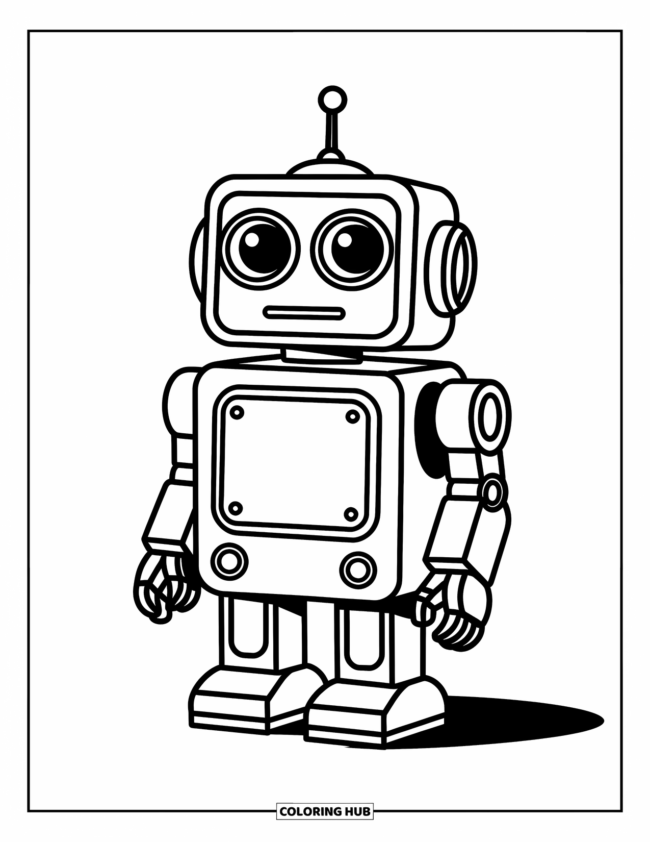 Kolorowanka z robotem dla dzieci: Figlarny robot-pies z okrągłym nosem i małymi kółkami