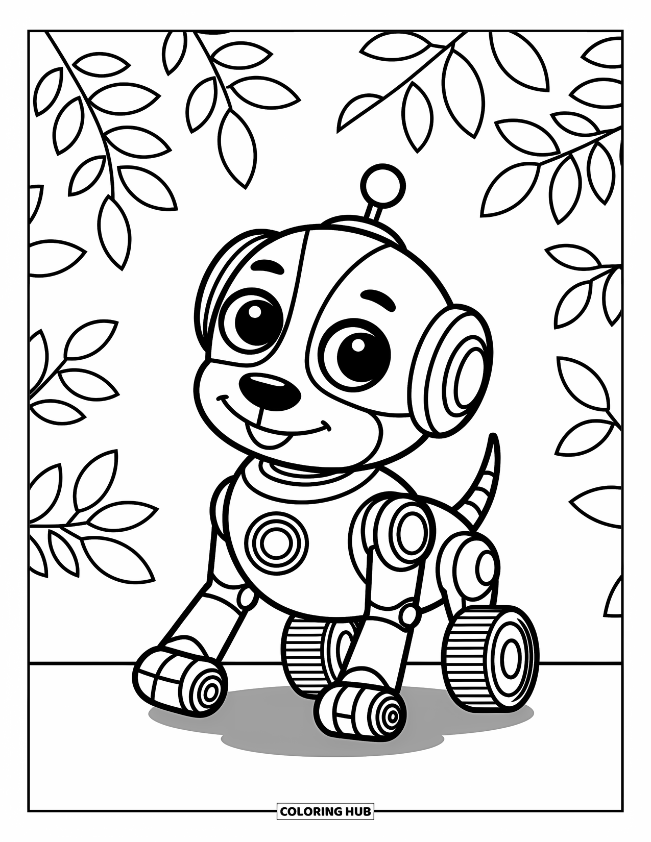 Kolorowanka z robotem dla dzieci: Figlarny robot-pies z kółkami i przyjaznym guzikiem na nosie