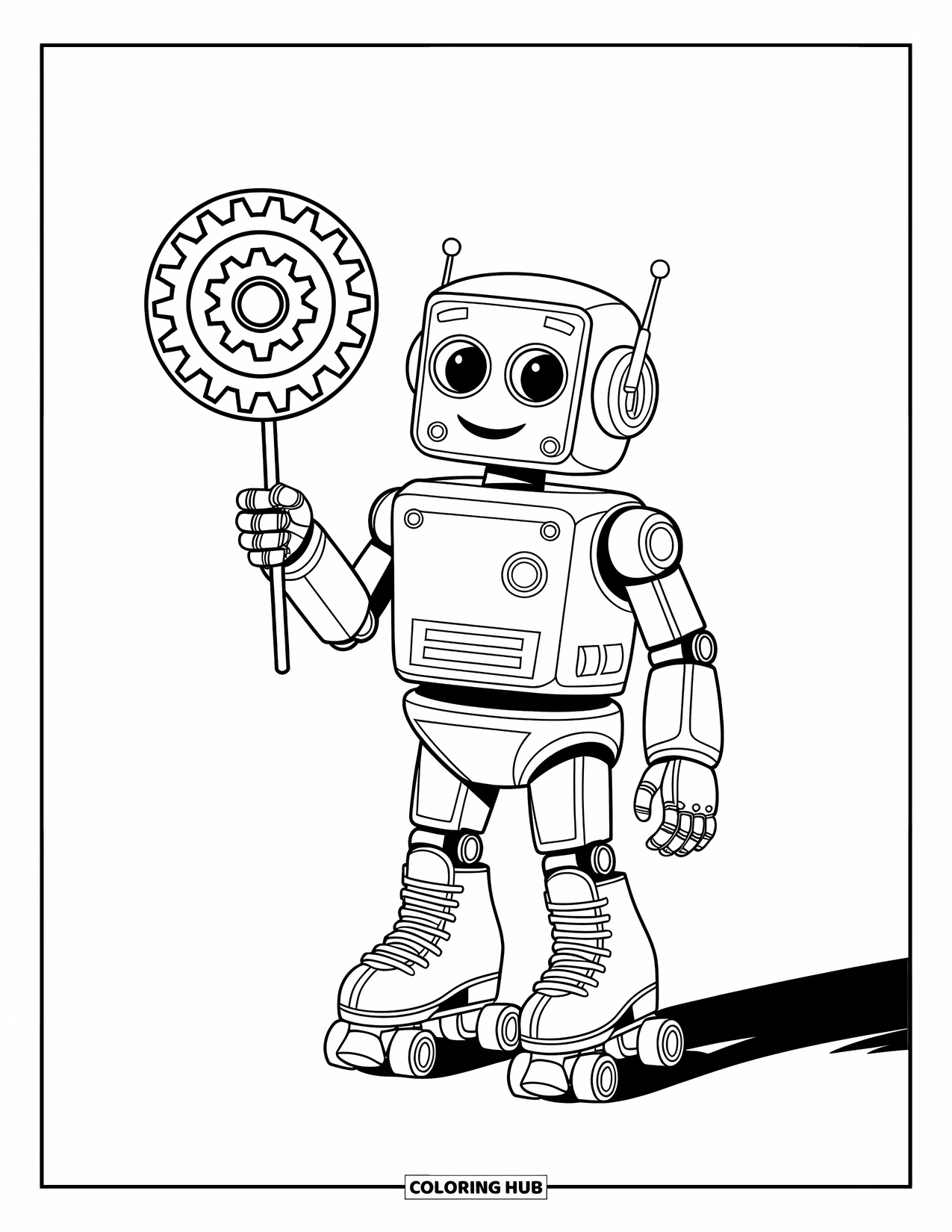 Kolorowanka z robotem dla dzieci: Wesoły robot na wrotkach trzyma lizaka w kształcie zębatki z zabawnymi detalami dookoła