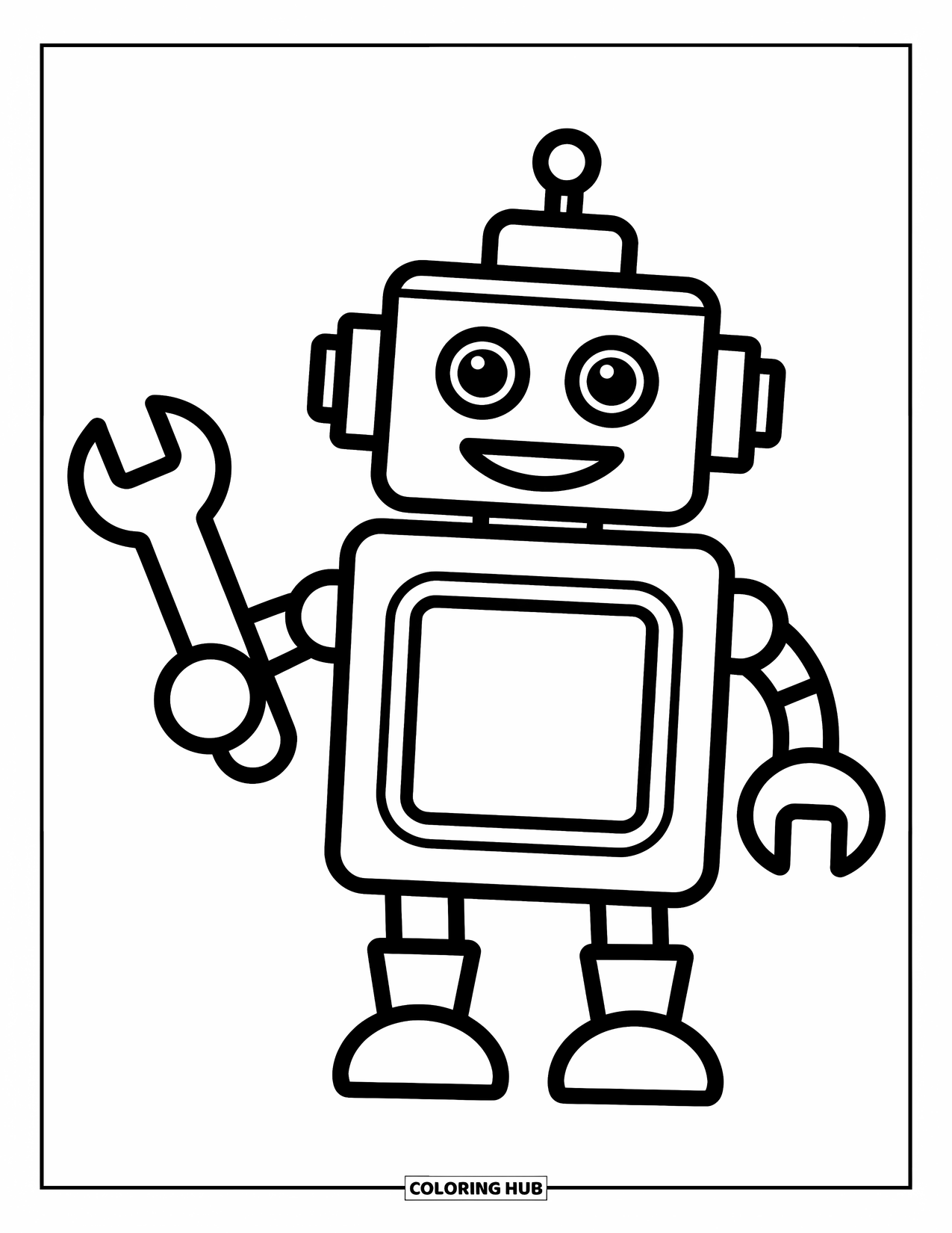 Kolorowanka z robotem dla dzieci: Wesoły robot z kluczem uśmiecha się i stoi dumnie