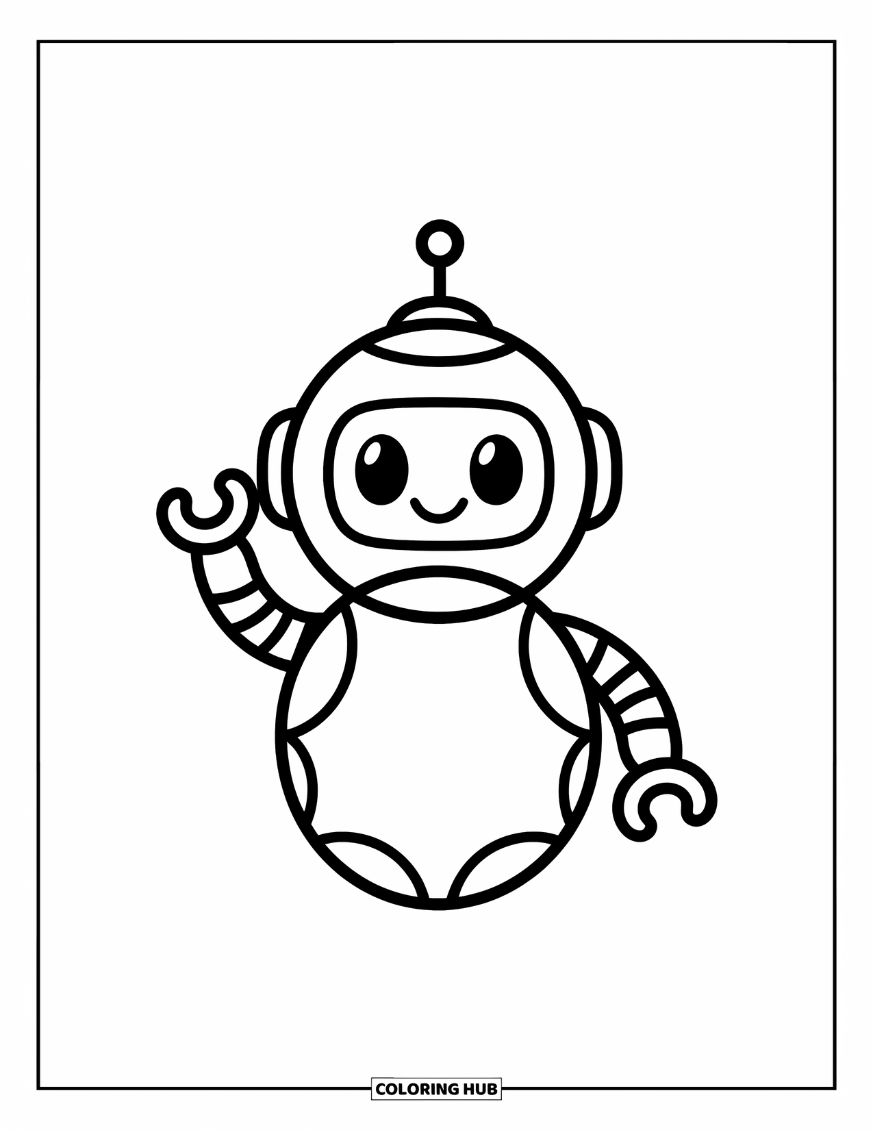 Kolorowanka z robotem dla dzieci: Figlarny robot z dużymi oczami i krótkimi nogami stoi szczęśliwie