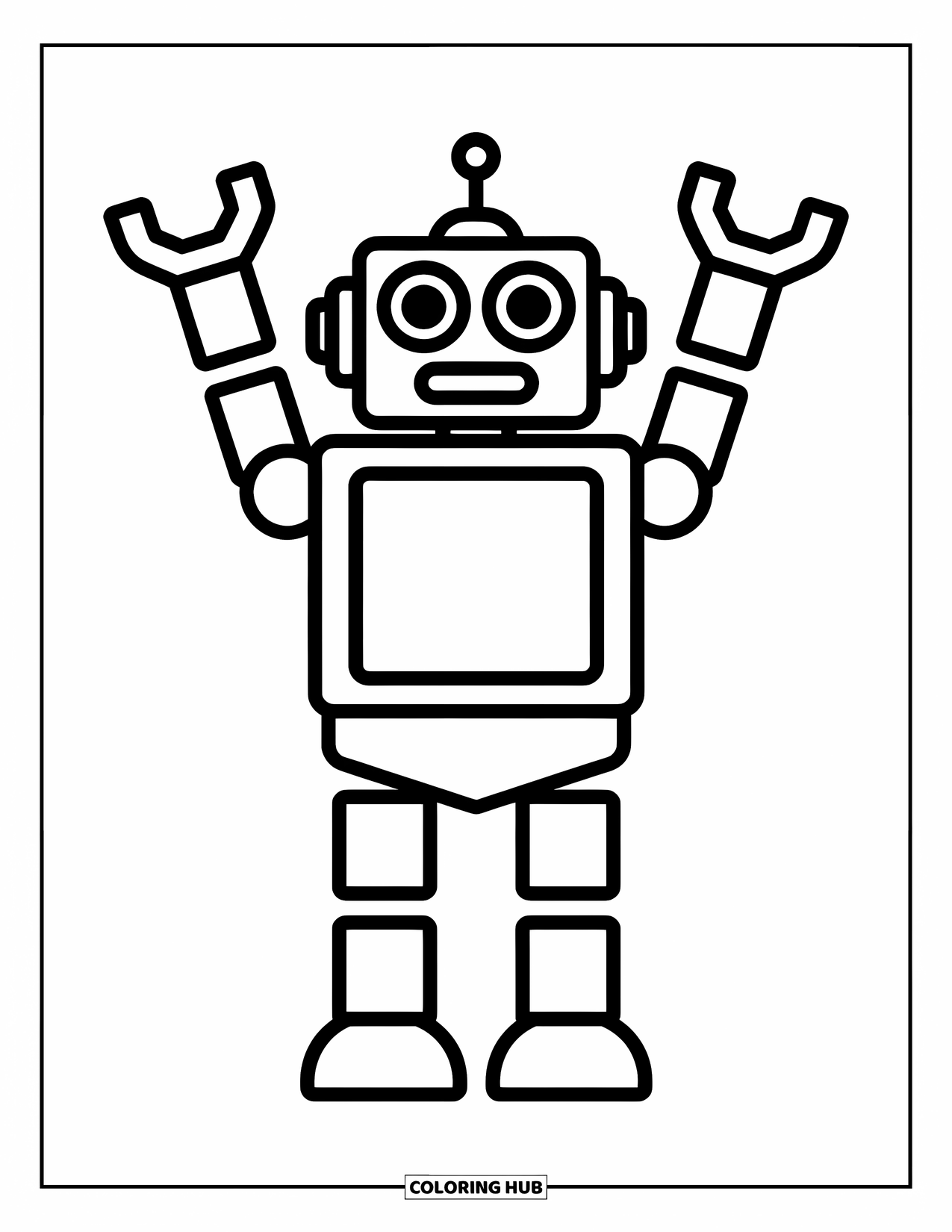 Kolorowanka z robotem dla dzieci: Figlarny robot z kółkami i kwadratami podnosi ręce wysoko