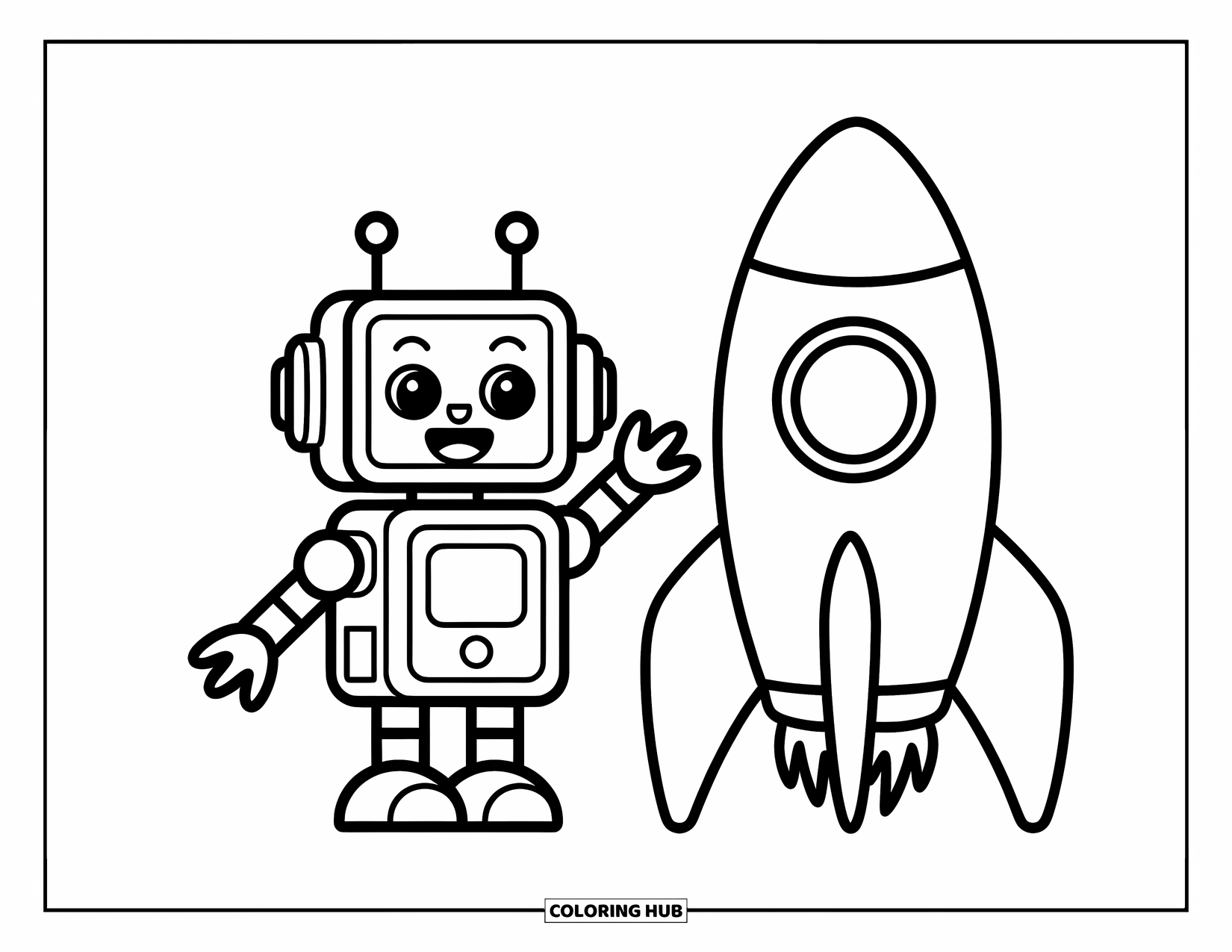 Kolorowanka z robotem dla dzieci: Robot i zabawka-rakieta siedzą obok siebie z radosnymi twarzami