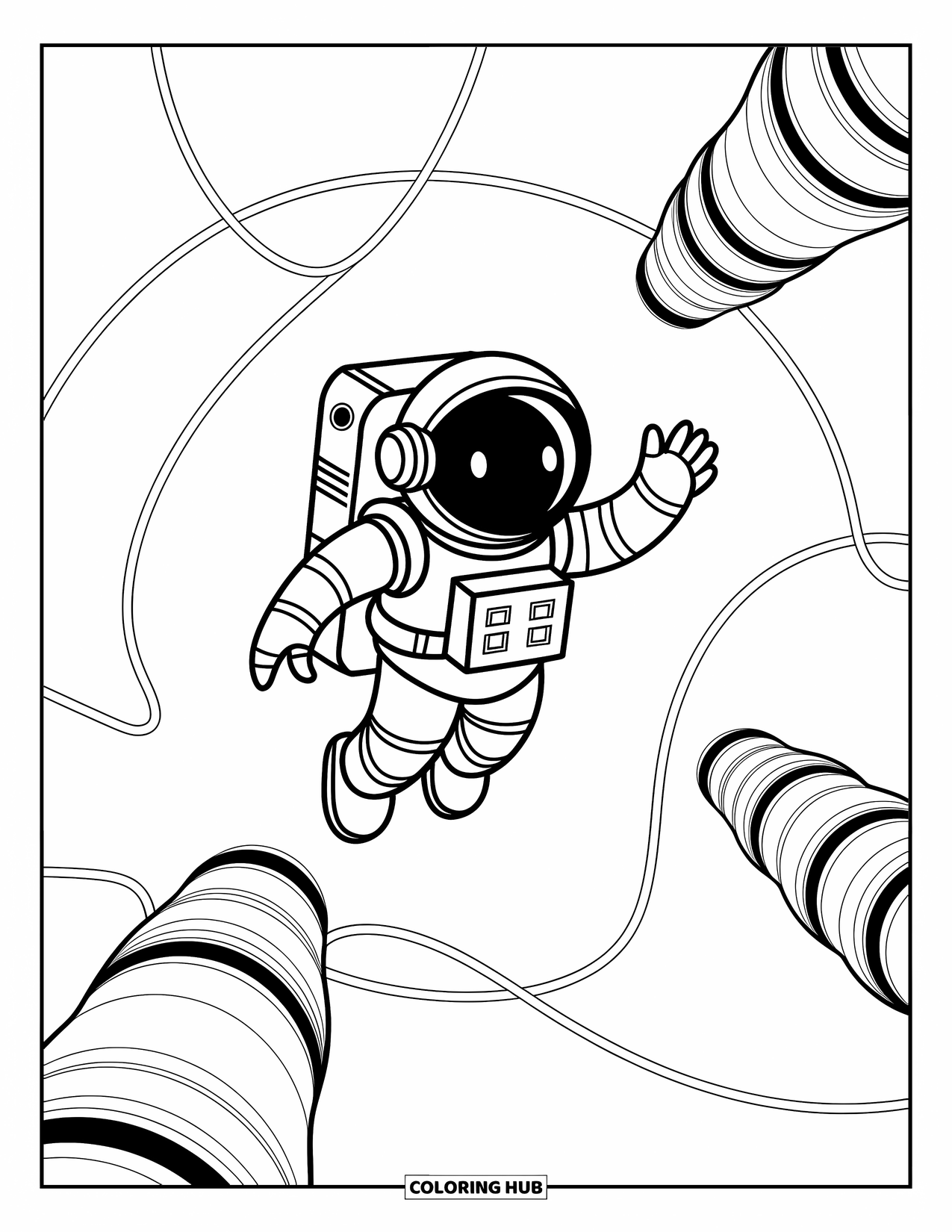 Kolorowanka z robotem dla dzieci: Robot-astronauta unosi się w pobliżu futurystycznej stacji kosmicznej ze skomplikowanymi kablami