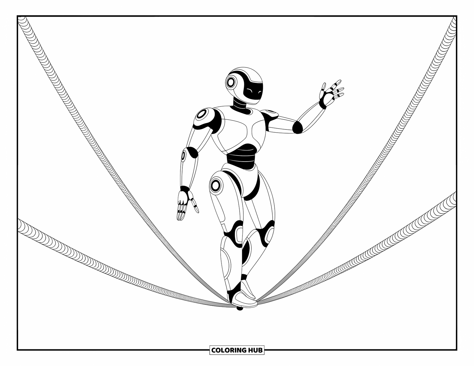 Kolorowanka z robotem dla dzieci: Robot balansuje na linie z widocznymi mechanicznymi połączeniami i czujnikami