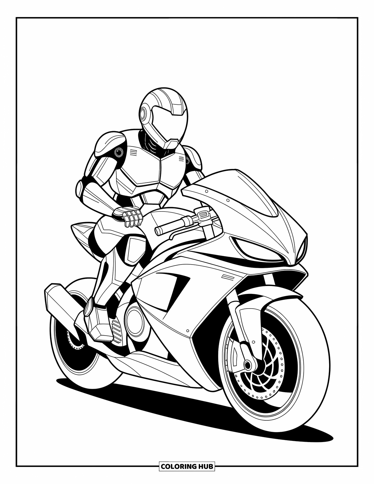 Kolorowanka z robotem dla dzieci: Robot-motocyklista siedzi pewnie na eleganckim hoverbike'u z dynamicznymi liniami
