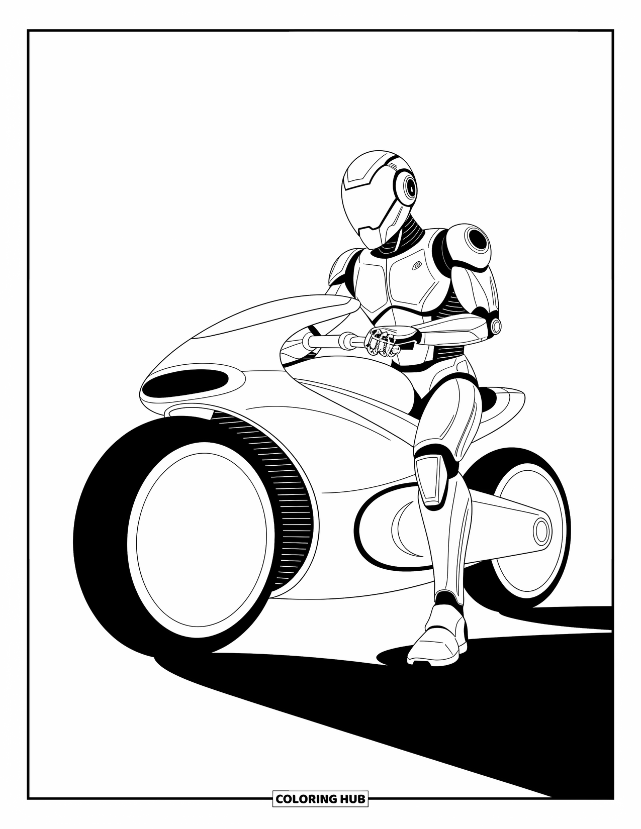 Kolorowanka z robotem dla dzieci: Robot-motocyklista siedzi na stylowym hoverbike'u z aerodynamicznymi wzorami