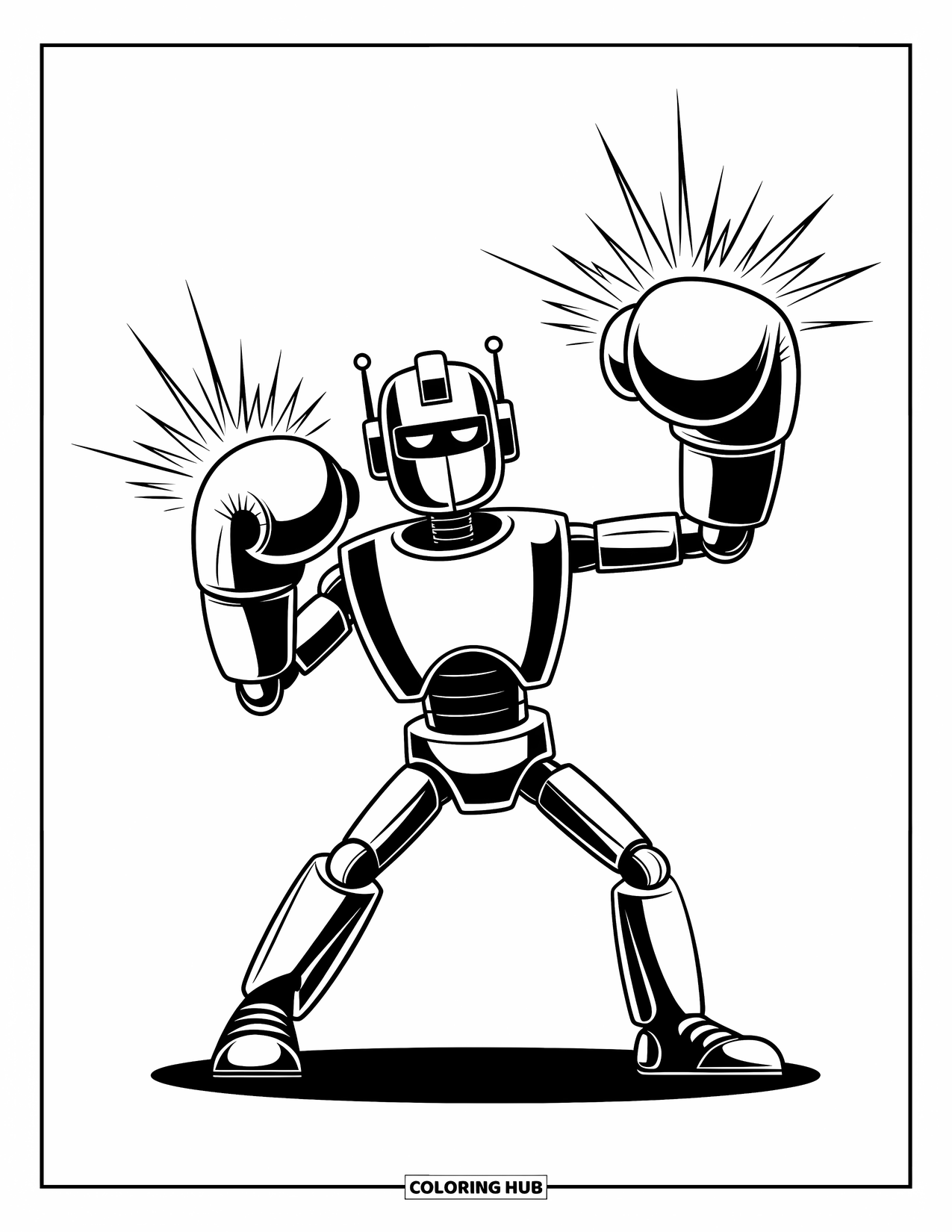 Kolorowanka z robotem dla dzieci: Robot-bokser uderza z zaciśniętymi pięściami i iskrami tryskającymi z jego rękawic