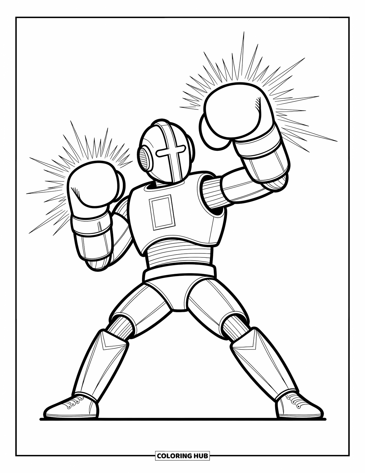 Kolorowanka z robotem dla dzieci: Robot-bokser wyprowadza potężny cios z iskrami lecącymi z jego rękawic