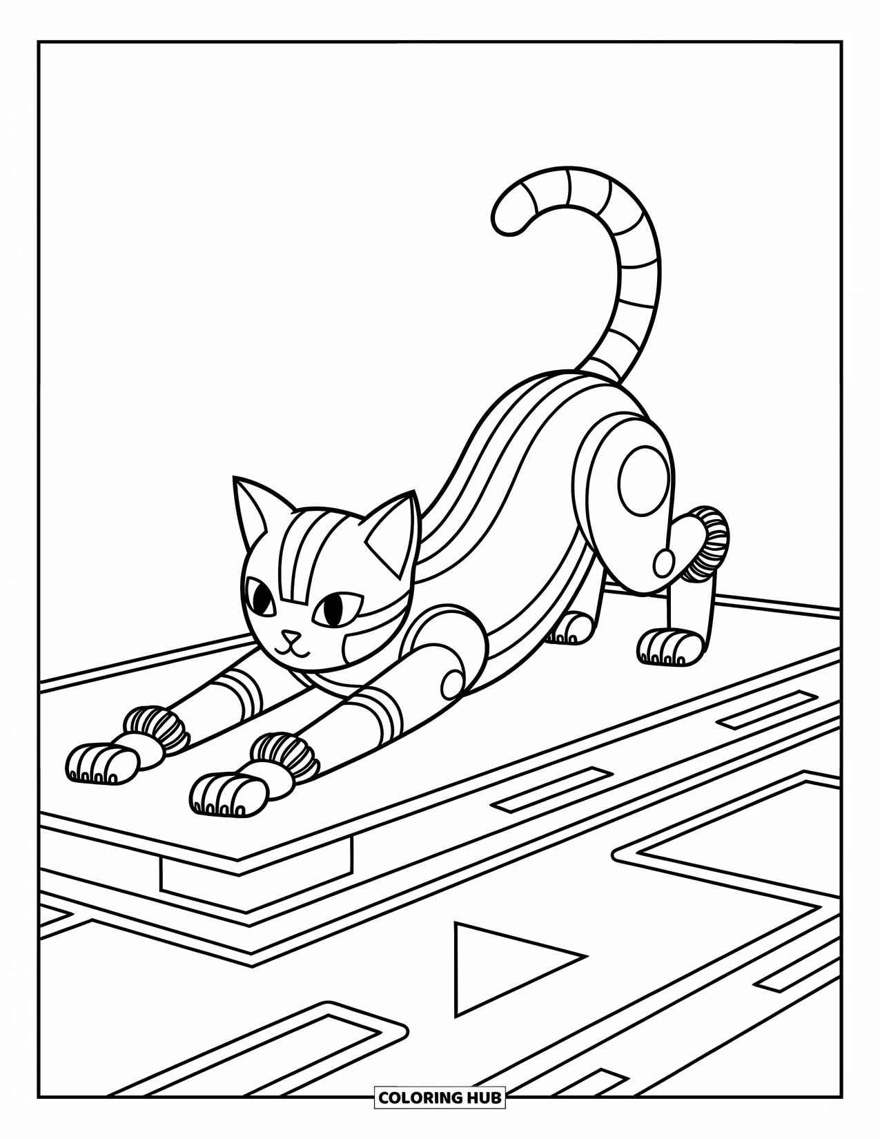 Kolorowanka z robotem dla dzieci: Robot-kot rozciąga się na platformie z geometrycznymi kształtami i zabawnymi sprężynami