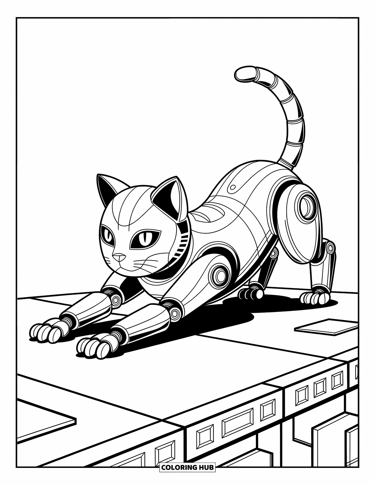 Kolorowanka z robotem dla dzieci: Robot-kot rozciąga się, z detalami stawów i zabawnymi wzorami platform