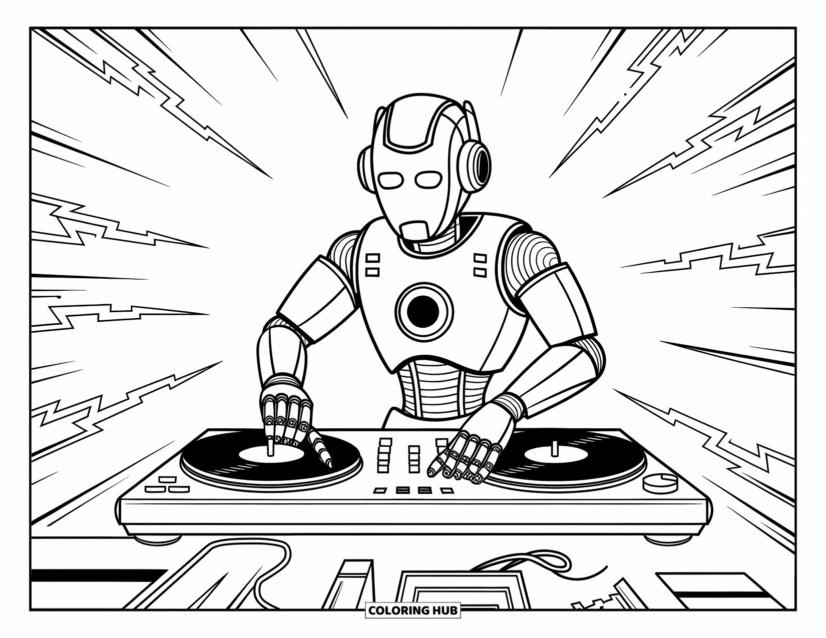 Kolorowanka z robotem dla dzieci: Robot DJ ze świecącą twarzą kręci płytami otoczony dynamicznymi falami energii