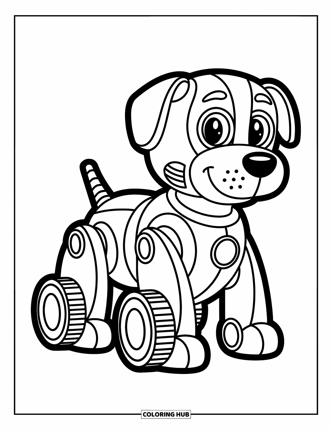Kolorowanka z robotem dla dzieci: Robot-pies z kołami i dużym guzikiem na nosie stoi wesoło