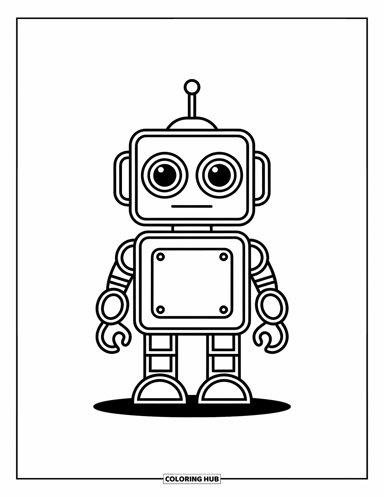 Kolorowanka z robotem dla dzieci: Robot-pies z kółkami i uśmiechniętą twarzą wygląda na podekscytowanego