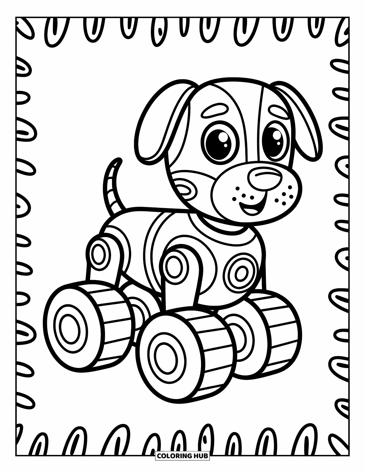 Kolorowanka z robotem dla dzieci: Robot-pies z kółkami zamiast stóp i dużym guzikiem na nosie