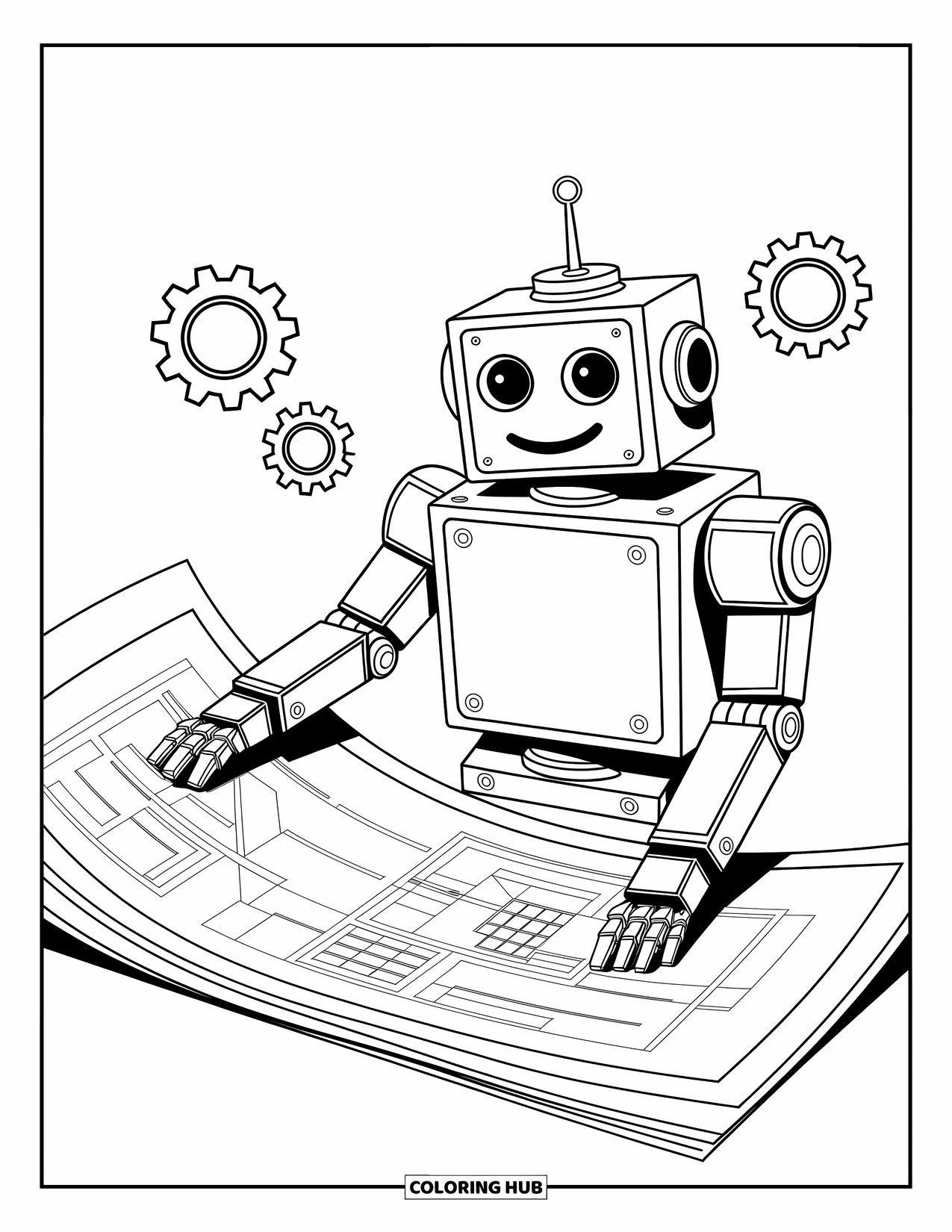 Kolorowanka z robotem dla dzieci: Robot trzyma plan z prostymi zębatkami obracającymi się za nim