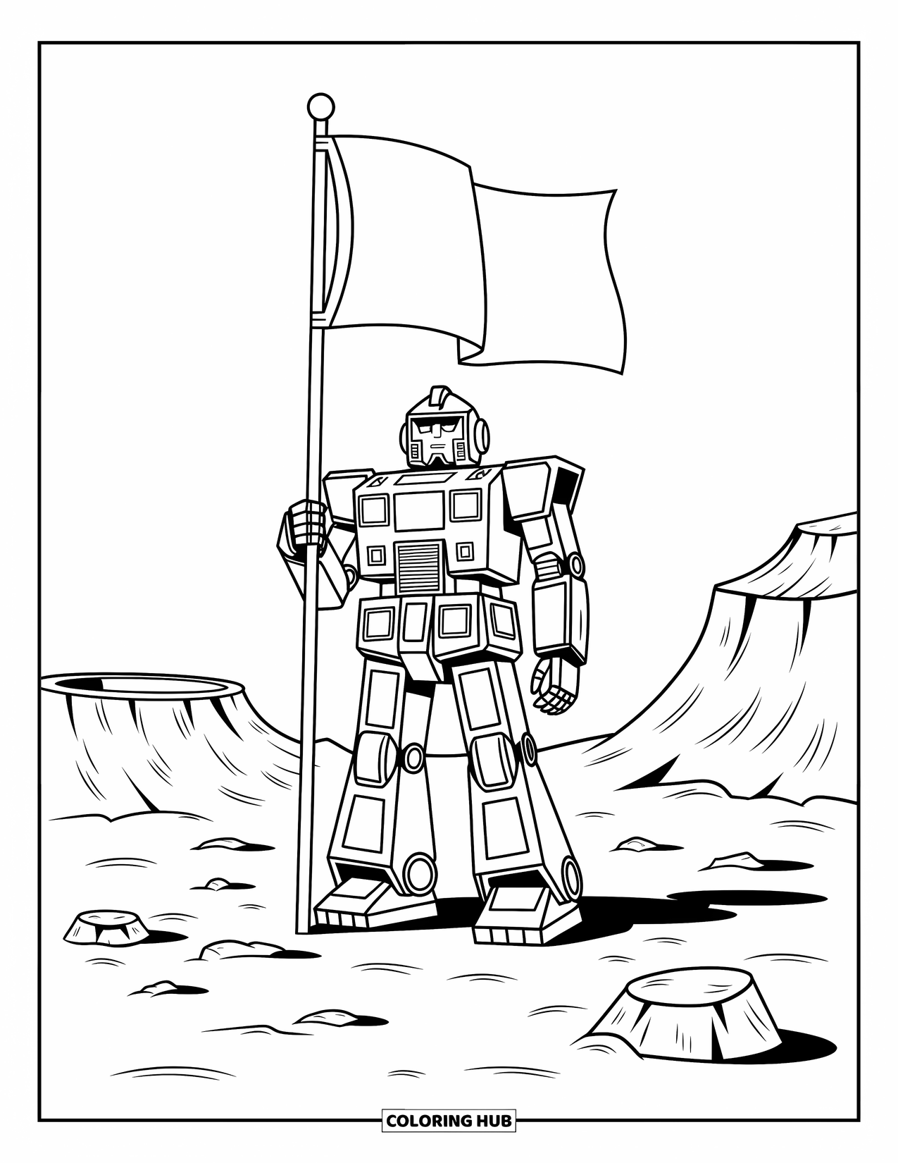 Kolorowanka z robotem dla dzieci: Robot trzyma flagę na skalistej planecie z głazami i rozrzuconymi skałami dookoła