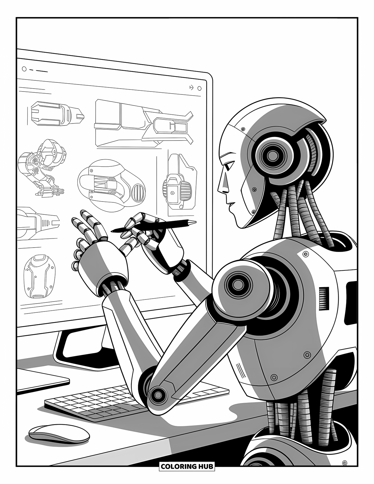 Kolorowanka z robotem dla dzieci: Robot-wynalazca szkicuje futurystyczne gadżety na cyfrowym ekranie z planami