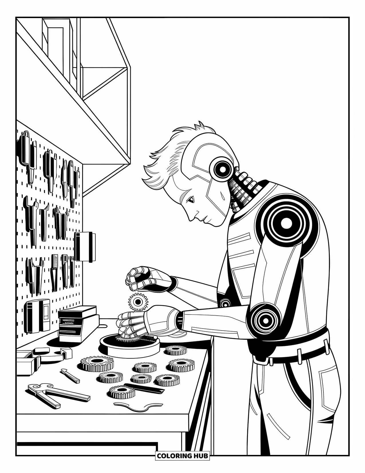 Kolorowanka z robotem dla dzieci: Mechanik-robot reguluje zębatki przy zagraconym stole warsztatowym z narzędziami w pobliżu