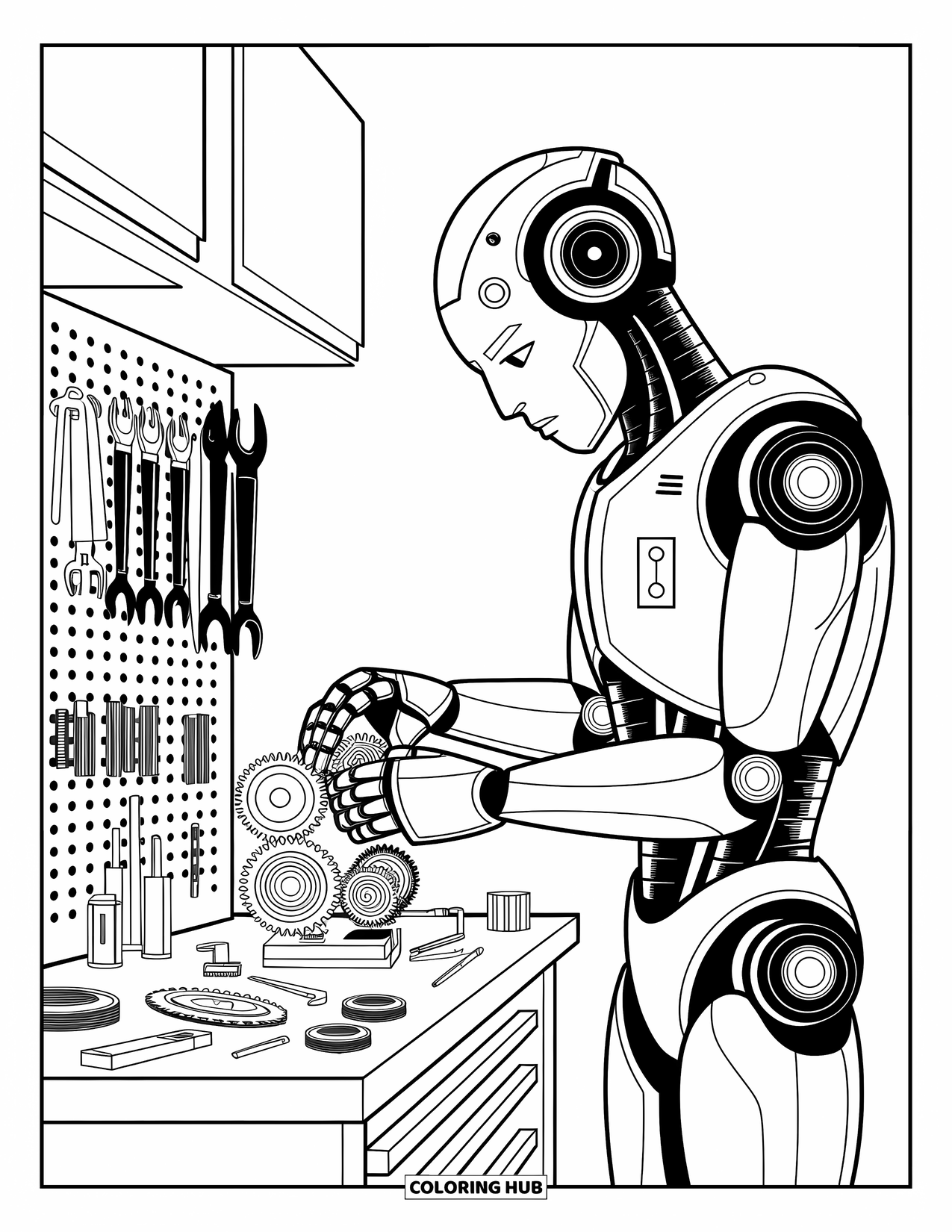 Kolorowanka z robotem dla dzieci: Mechanik-robot reguluje zębatki na zagraconym stole warsztatowym z wiszącymi w pobliżu narzędziami