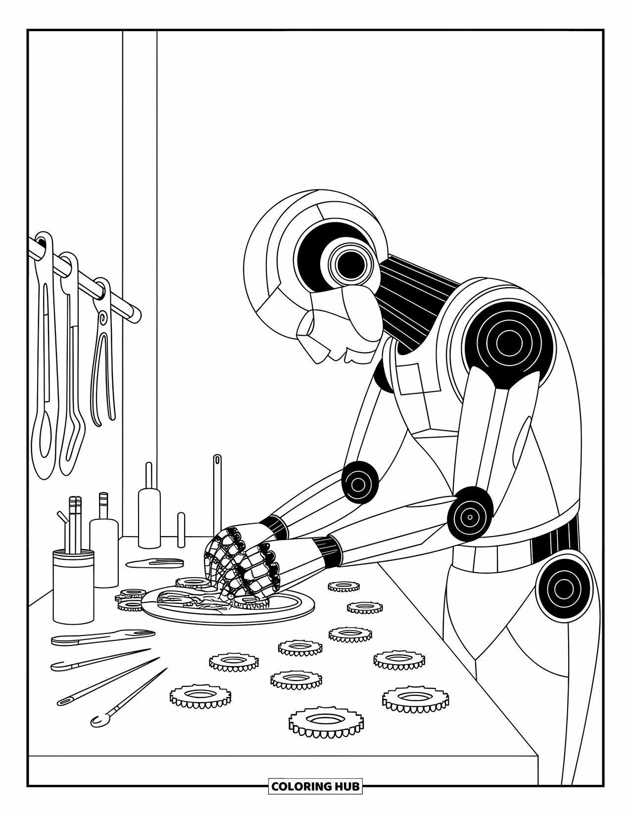 Kolorowanka z robotem dla dzieci: Robot-mechanik precyzyjnie dostraja koła zębate otoczone narzędziami na ruchliwym stole warsztatowym