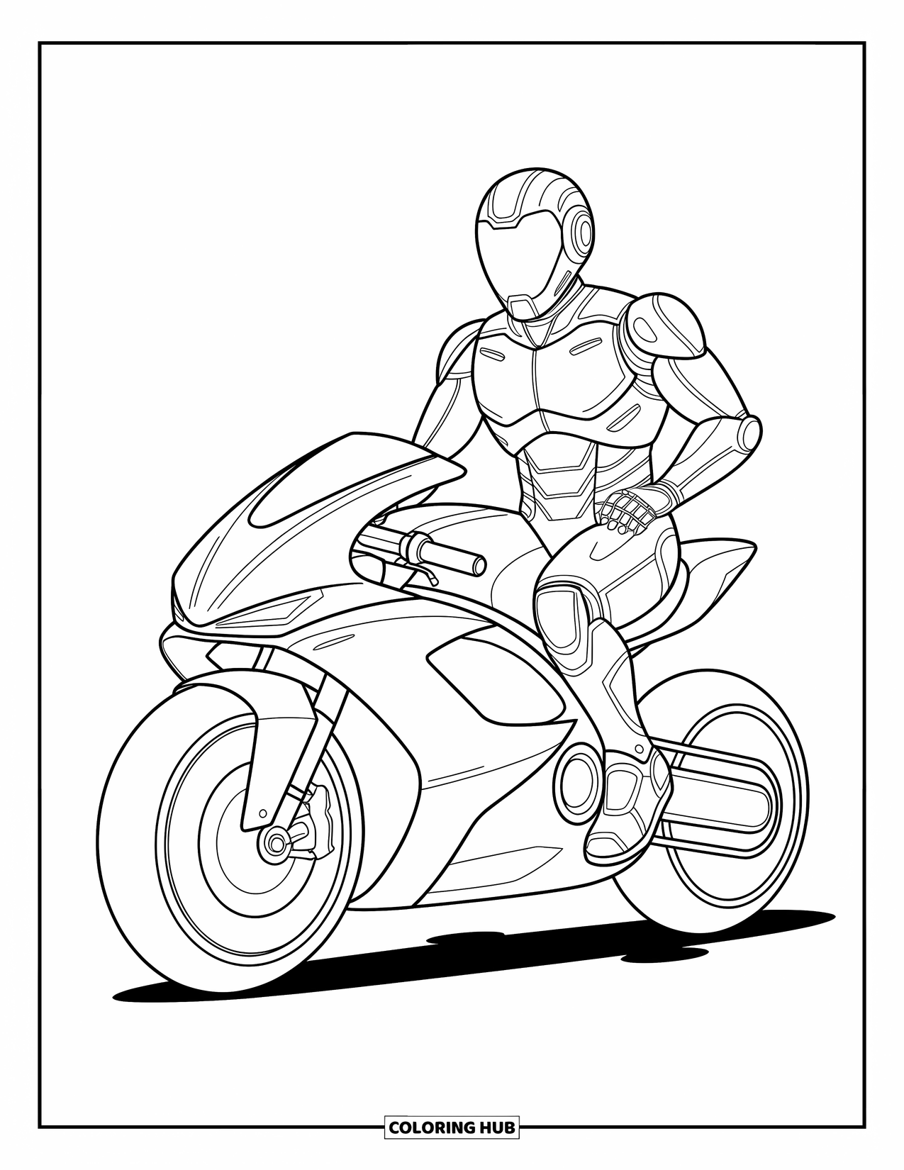 Kolorowanka z robotem dla dzieci: Robot na hoverbike'u prezentuje elegancki pancerz i wyraźne, nowoczesne detale