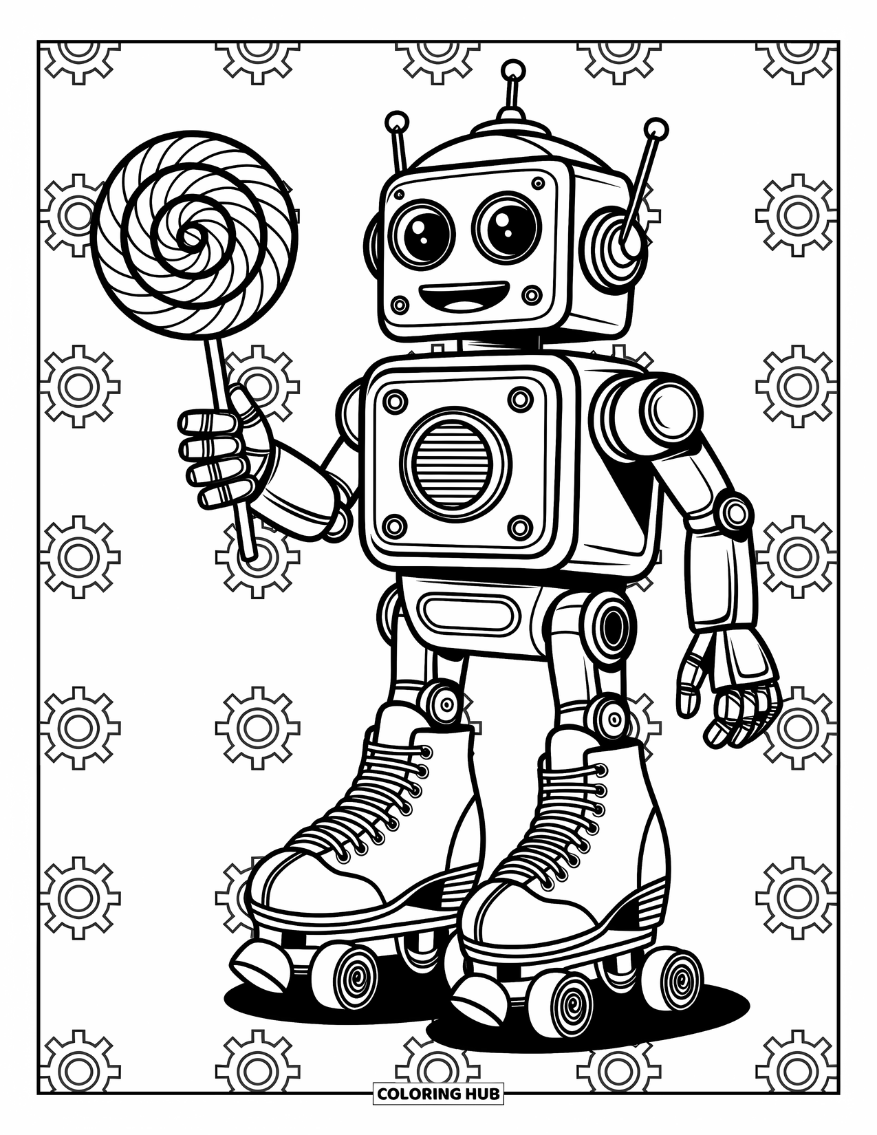 Kolorowanka z robotem dla dzieci: Robot na rolkach trzyma lizaka w kształcie zębatki z zębatkami w tle