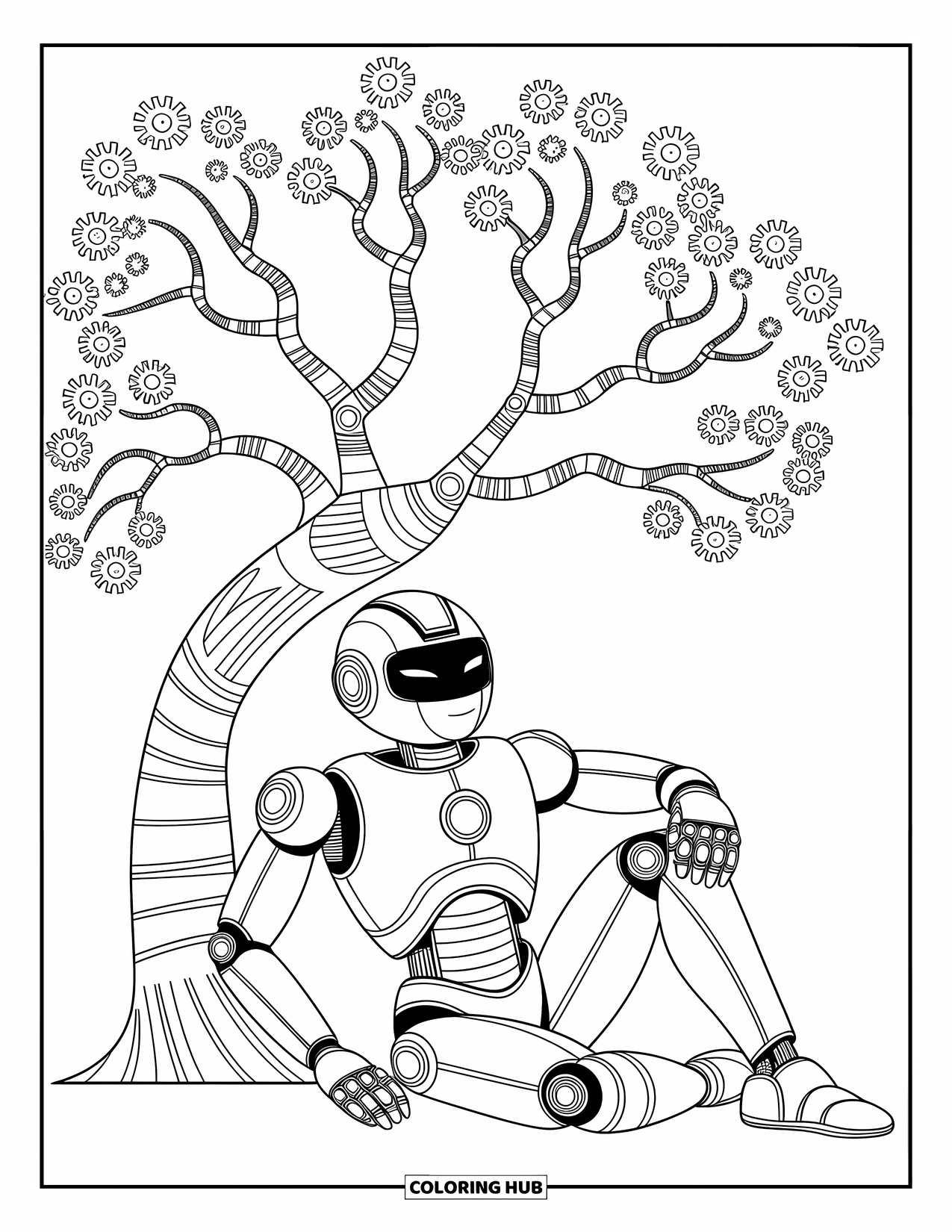 Kolorowanka z robotem dla dzieci: Robot odpoczywa pod mechanicznym drzewem z małymi liśćmi w kształcie zębatek
