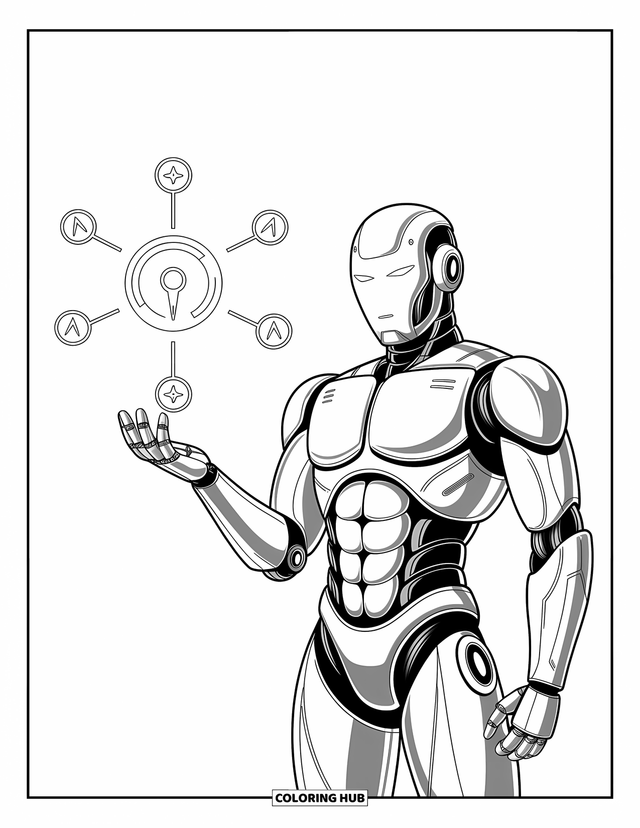 Kolorowanka z robotem dla dzieci: Robot stoi pewnie, trzymając laskę z unoszącymi się symbolami nad jego dłonią