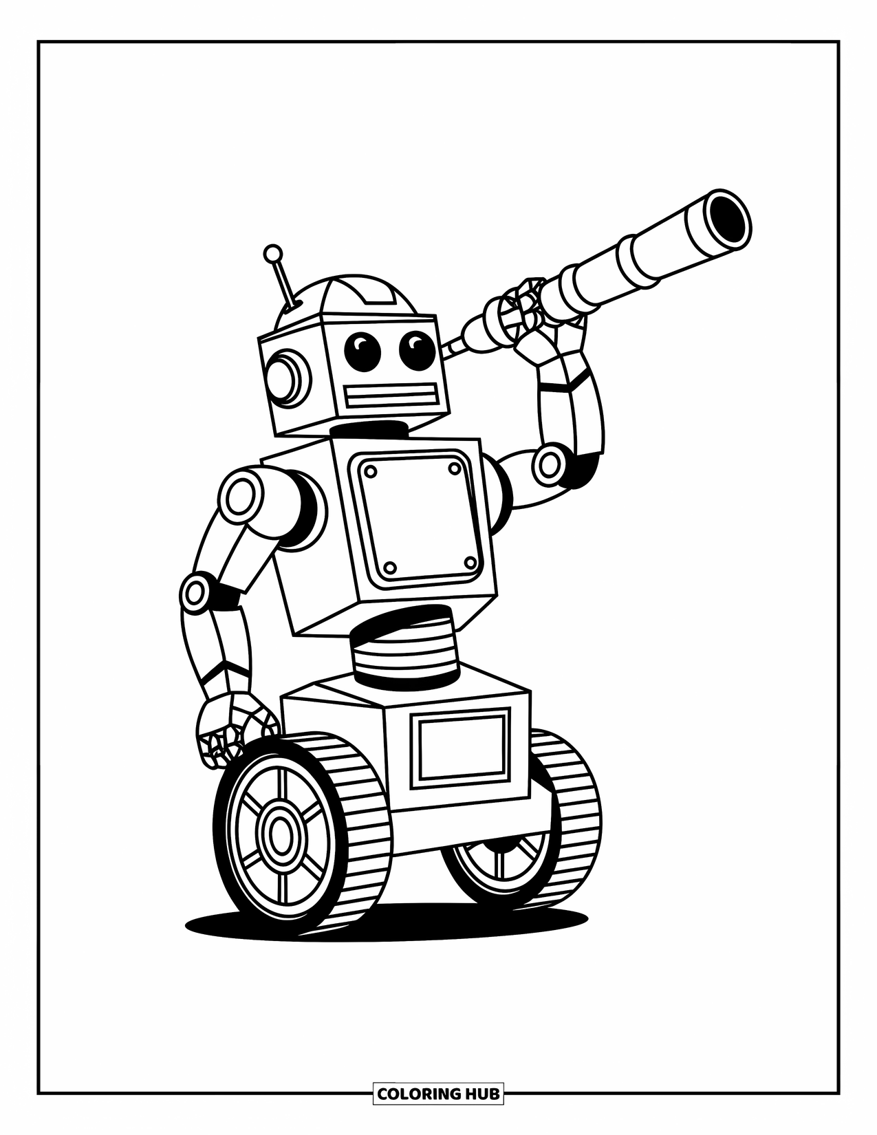 Kolorowanka z robotem dla dzieci: Robot stoi na jednym kole z ramieniem teleskopu sięgającym w górę
