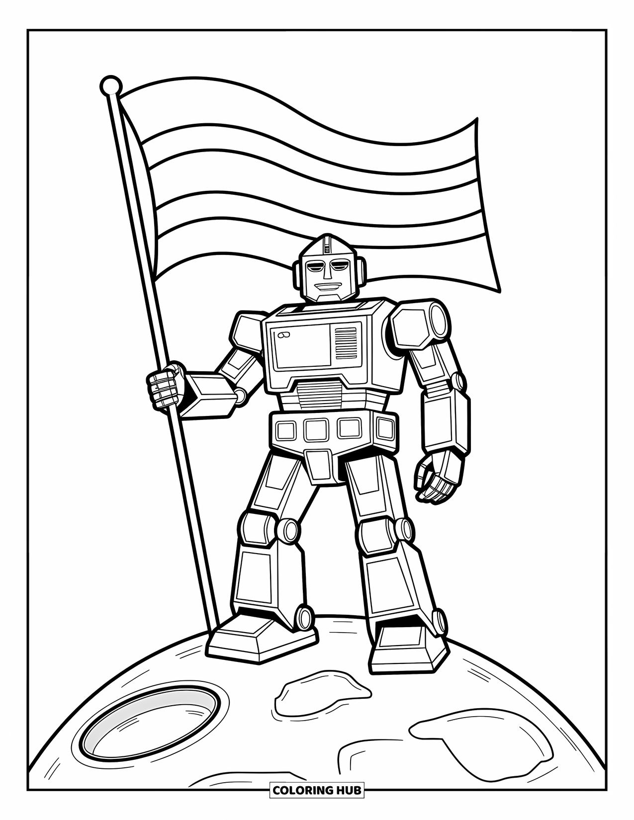 Kolorowanka z robotem dla dzieci: Robot stoi na skalistym terenie z kraterem i wbija flagę