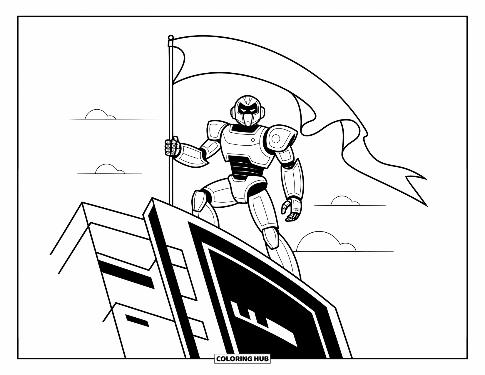 Kolorowanka z robotem dla dzieci: Robot stoi dumnie na futurystycznej wieży z dynamicznie powiewającym sztandarem