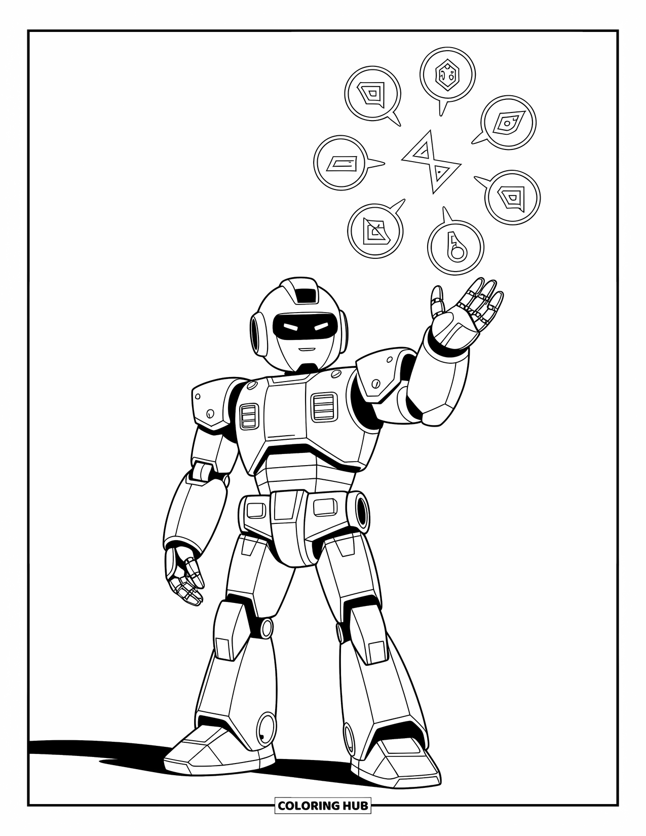 Kolorowanka z robotem dla dzieci: Robot stoi wyprostowany z laską i symbolami unoszącymi się nad jego dłonią