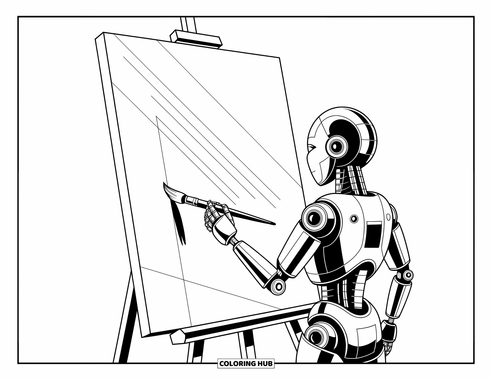 Kolorowanka z robotem dla dzieci: Robot stoi z gotowym pędzlem, skierowany w stronę płótna z odważnymi geometrycznymi liniami