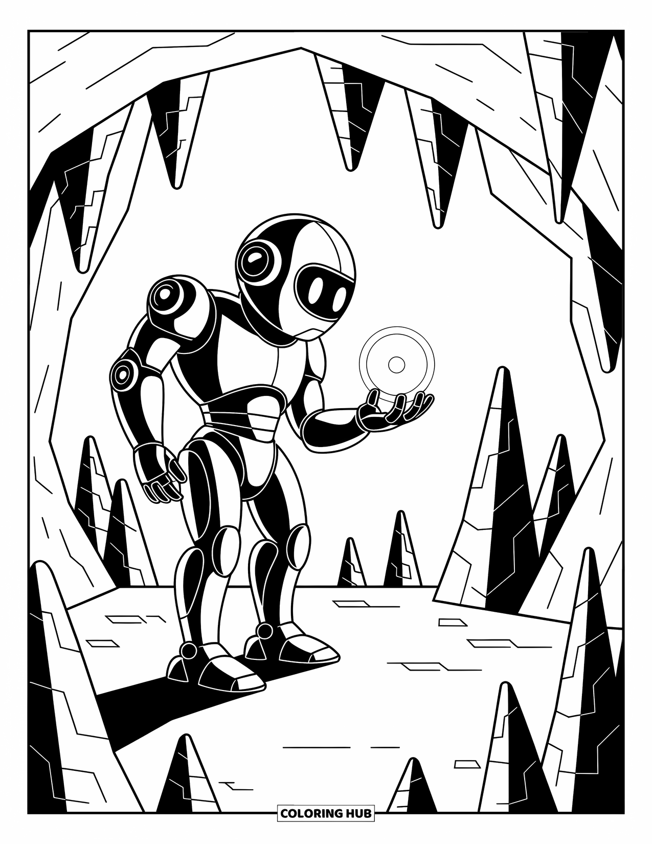 Kolorowanka z robotem dla dzieci: Robot-poszukiwacz skarbów bada świecącą kulę w skalistej jaskini