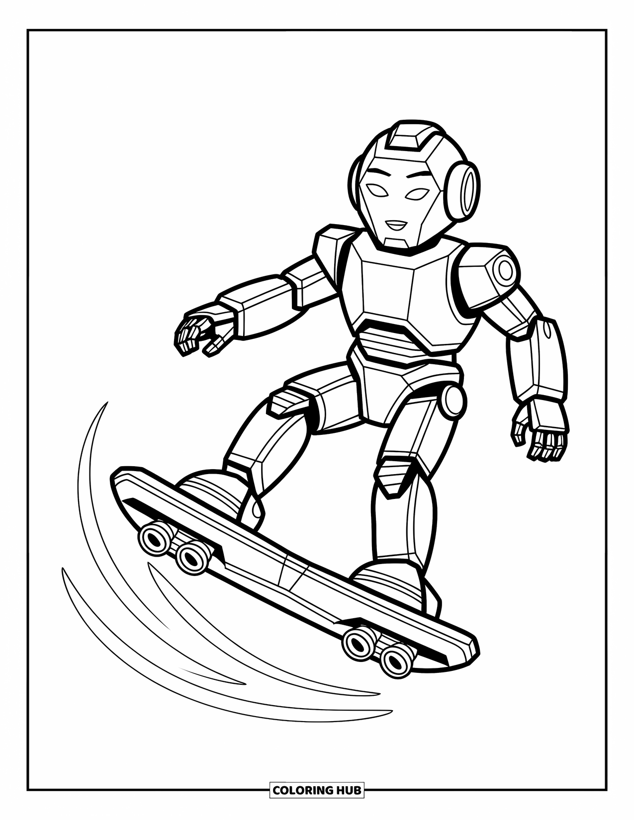 Kolorowanka z robotem dla dzieci: Robot z przyjazną twarzą jeździ na hoverboardzie z wirującymi smugami odrzutowymi